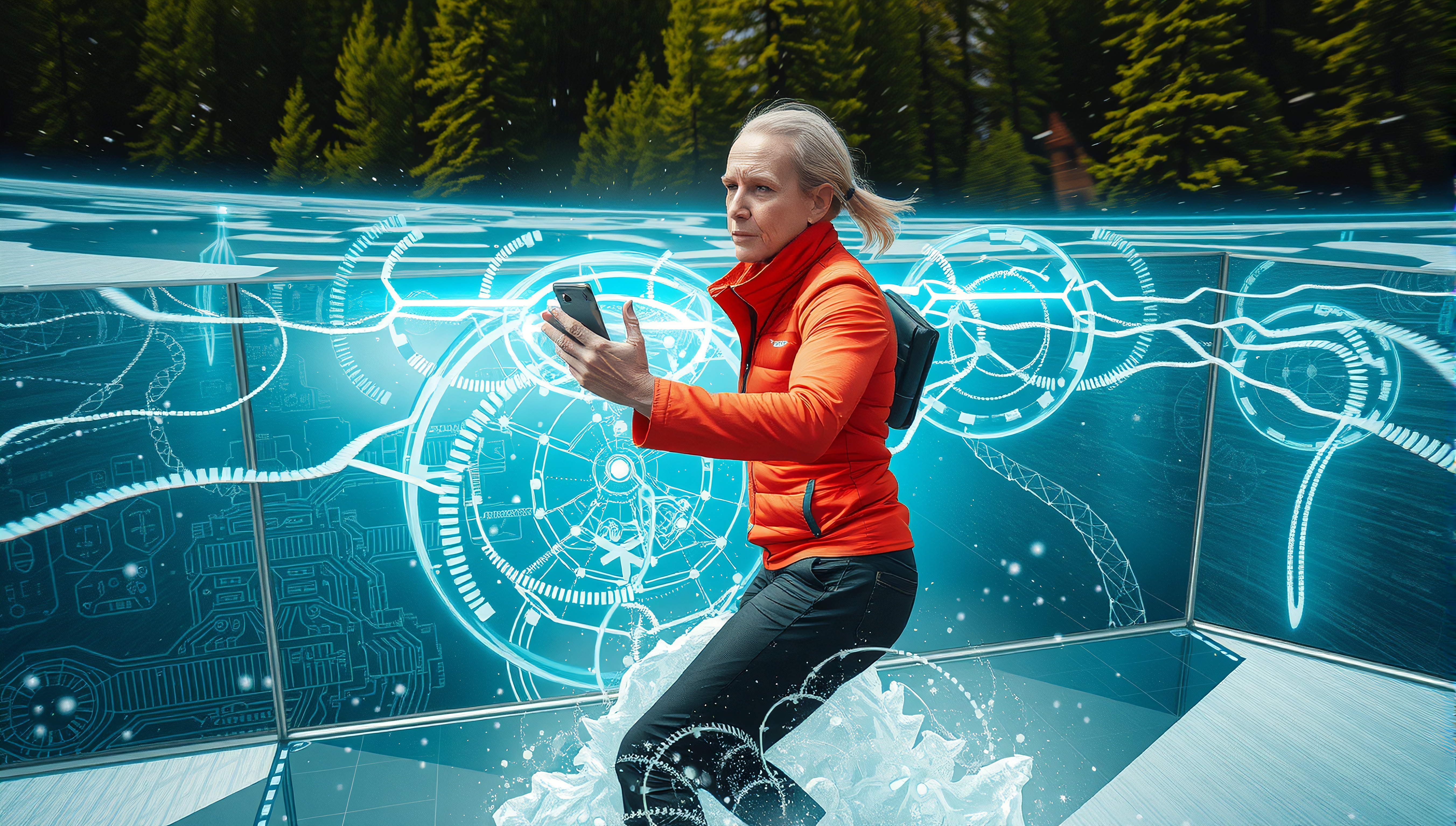 A person in an orange jacket interacts with augmented reality technology in a forest setting, blending digital and natural worlds.