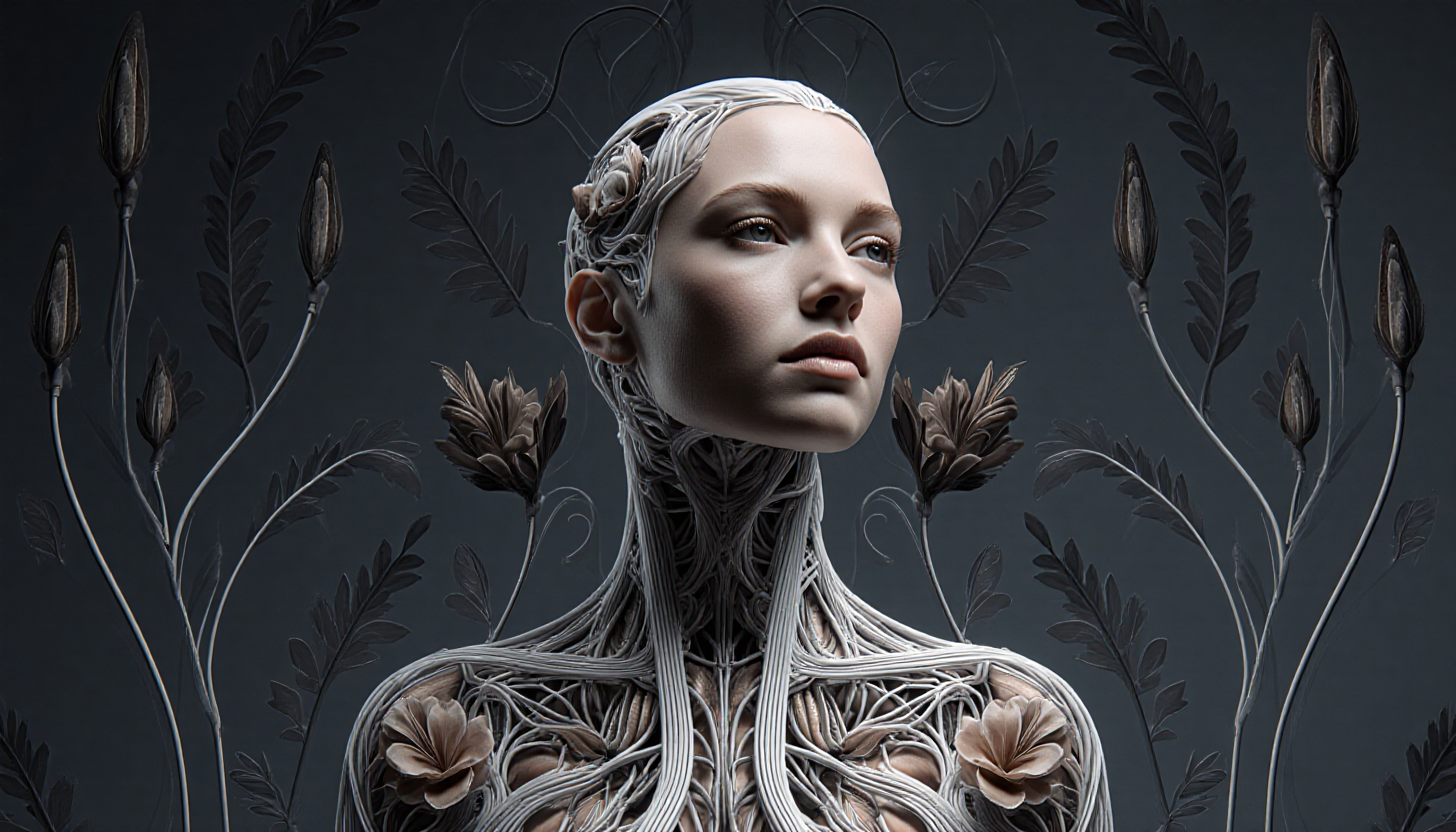 Surreal digital art of cybernetic humanoid with neural networks and floral motifs on dark background