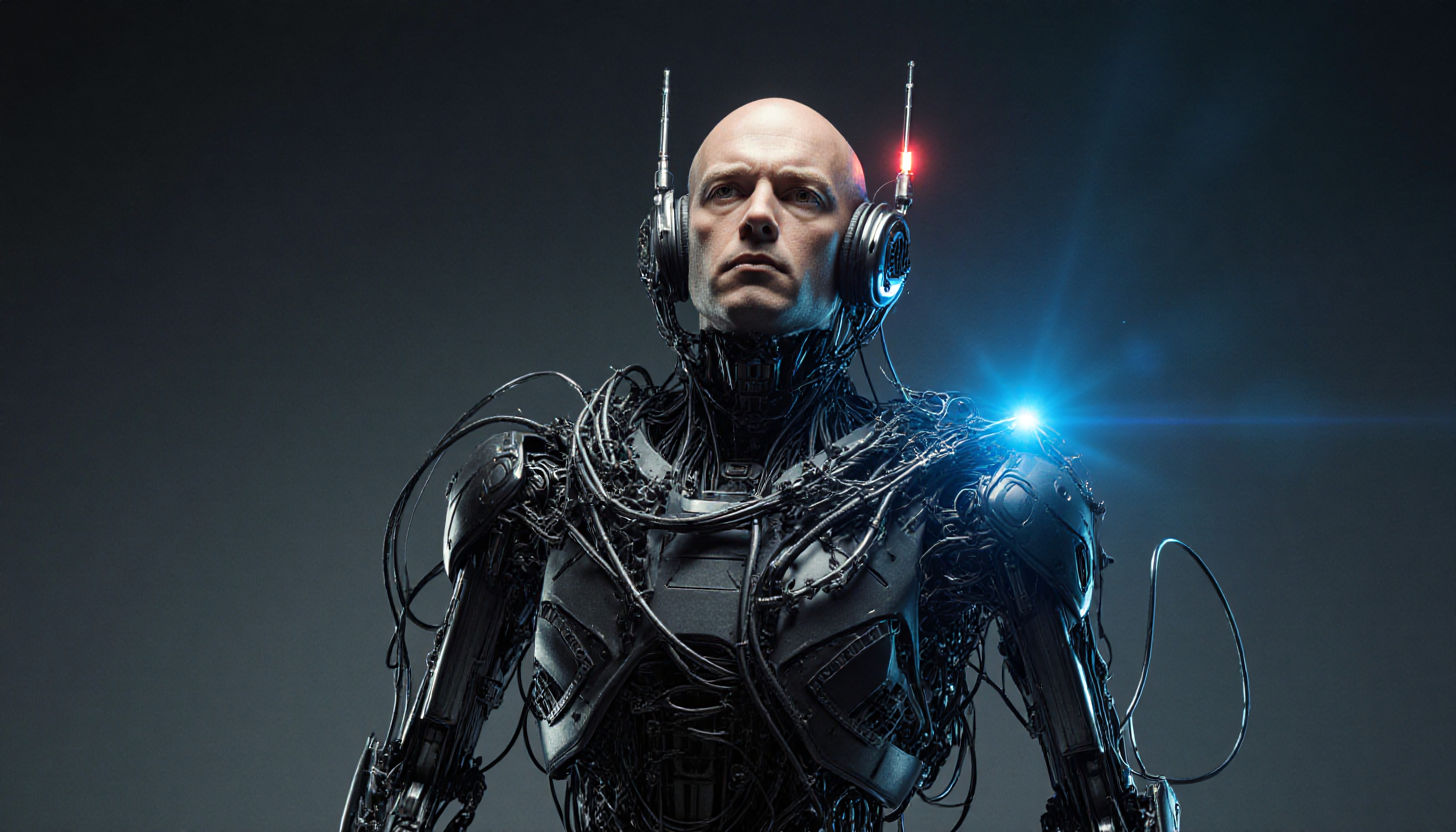 A sleek humanoid cyborg with glowing elements and intricate wiring, merging human and machine aesthetics.