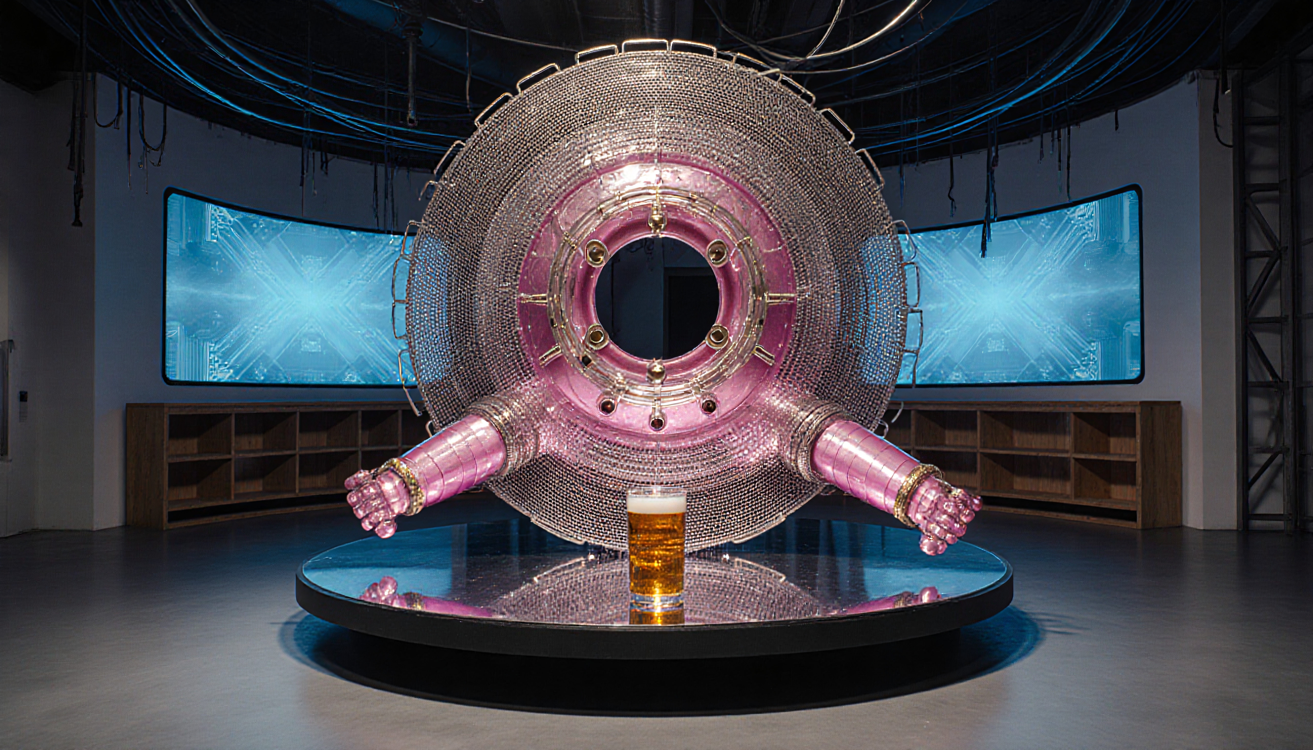 Futuristic metallic art with pint of beer.