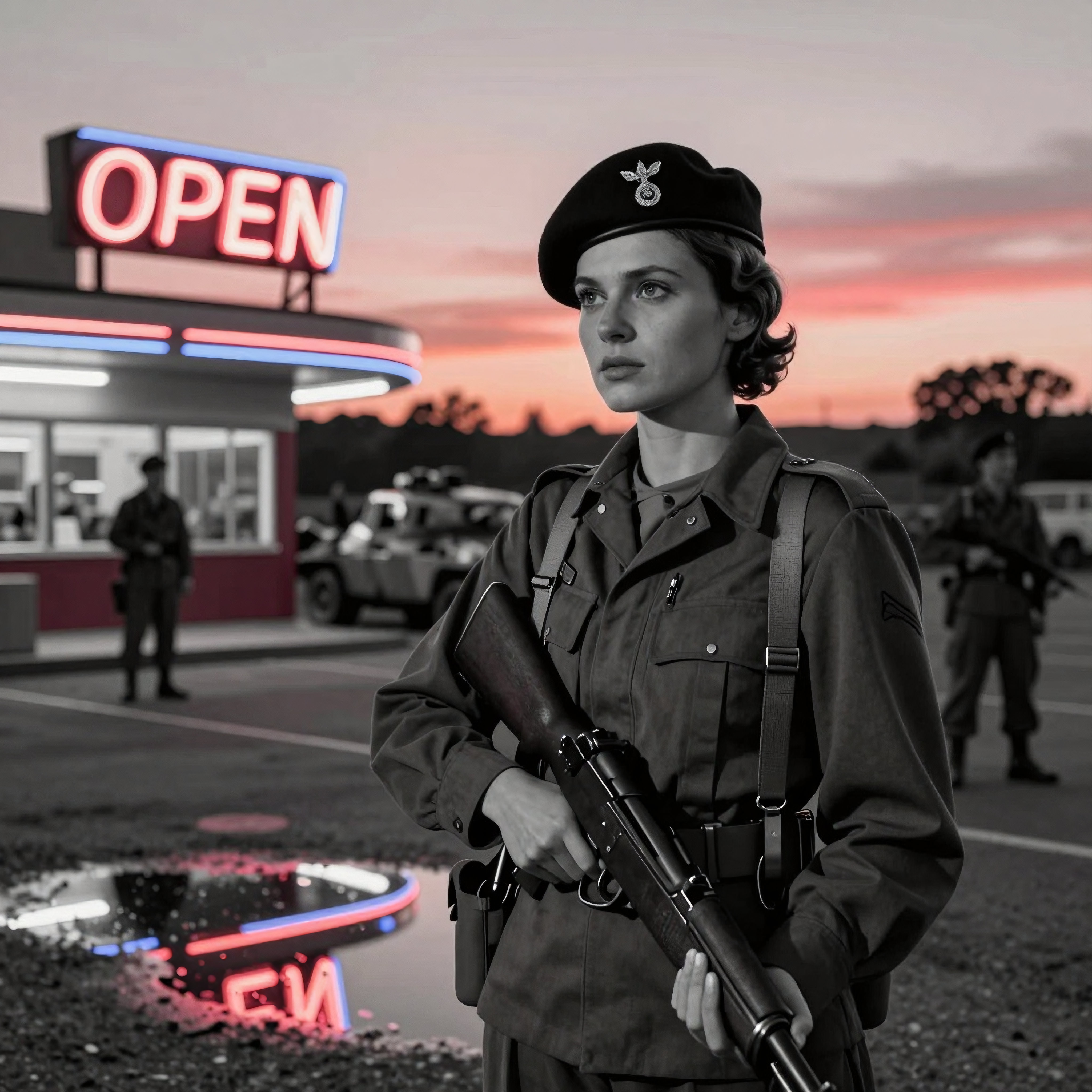 A strikingly composed soldier stands in sharp focus against a surreal twilight backdrop where neon signs.
