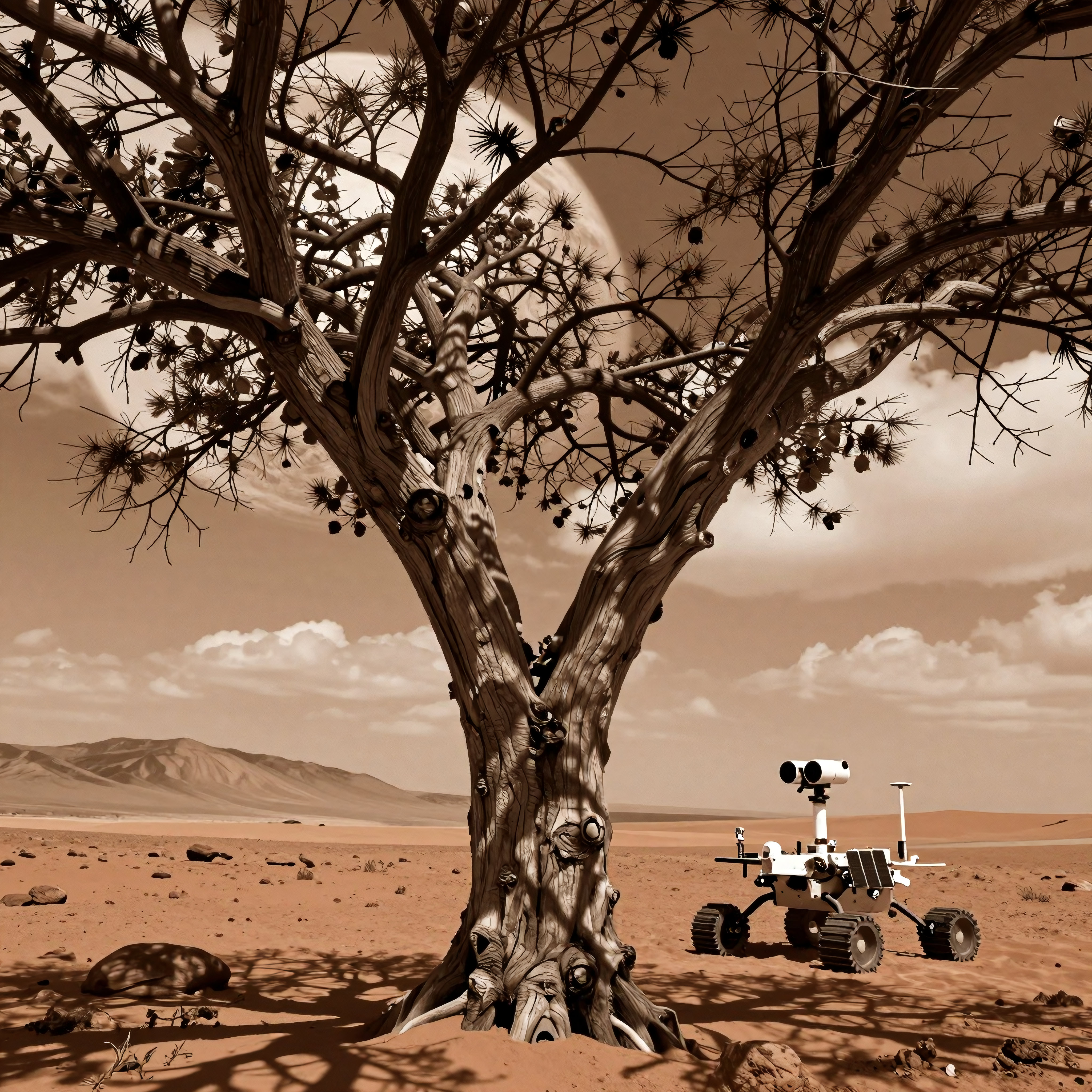 Mars Rover and Ancient Tree in Sepia Toned Desert Landscape