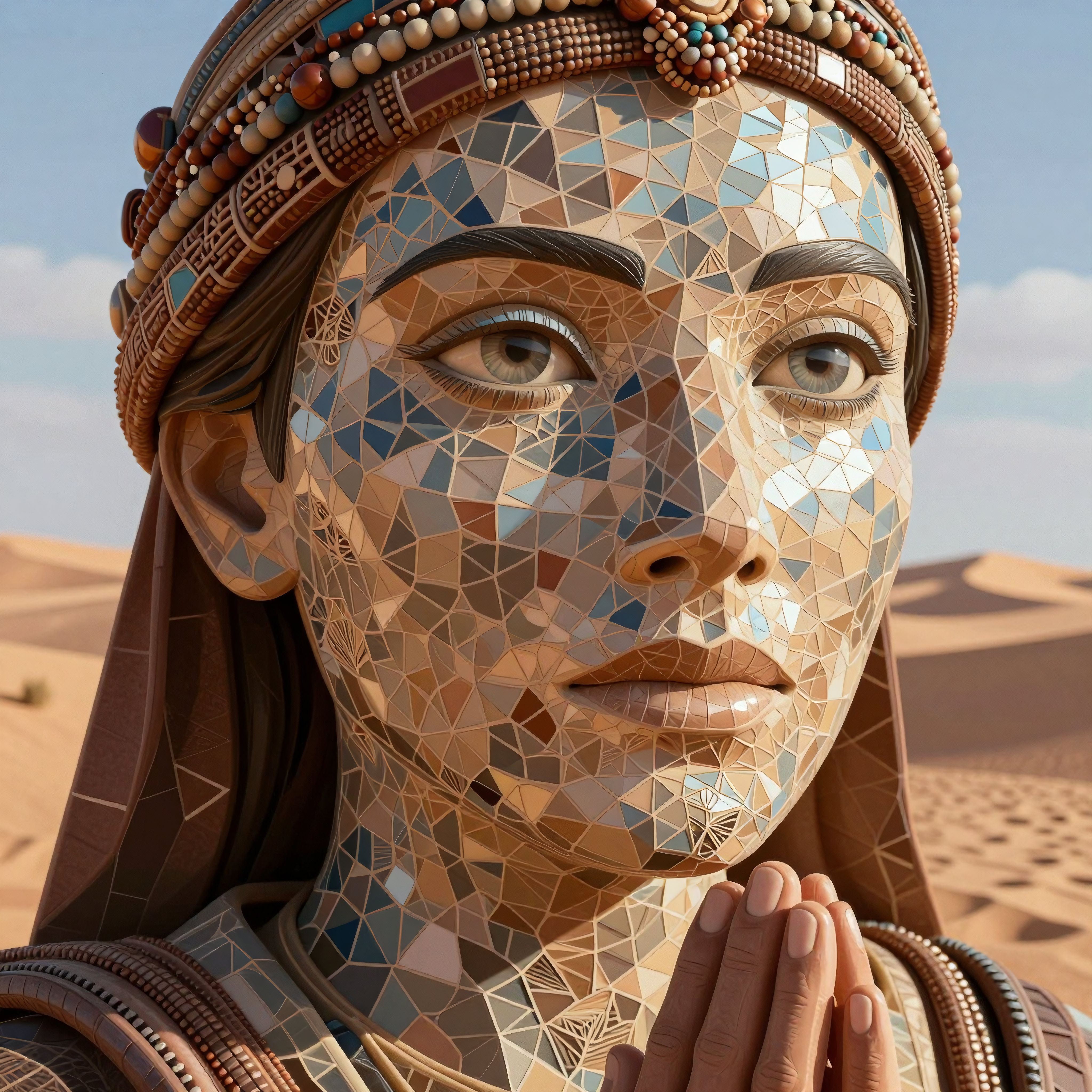 Ancient Egyptian goddess praying in desert mosaic art