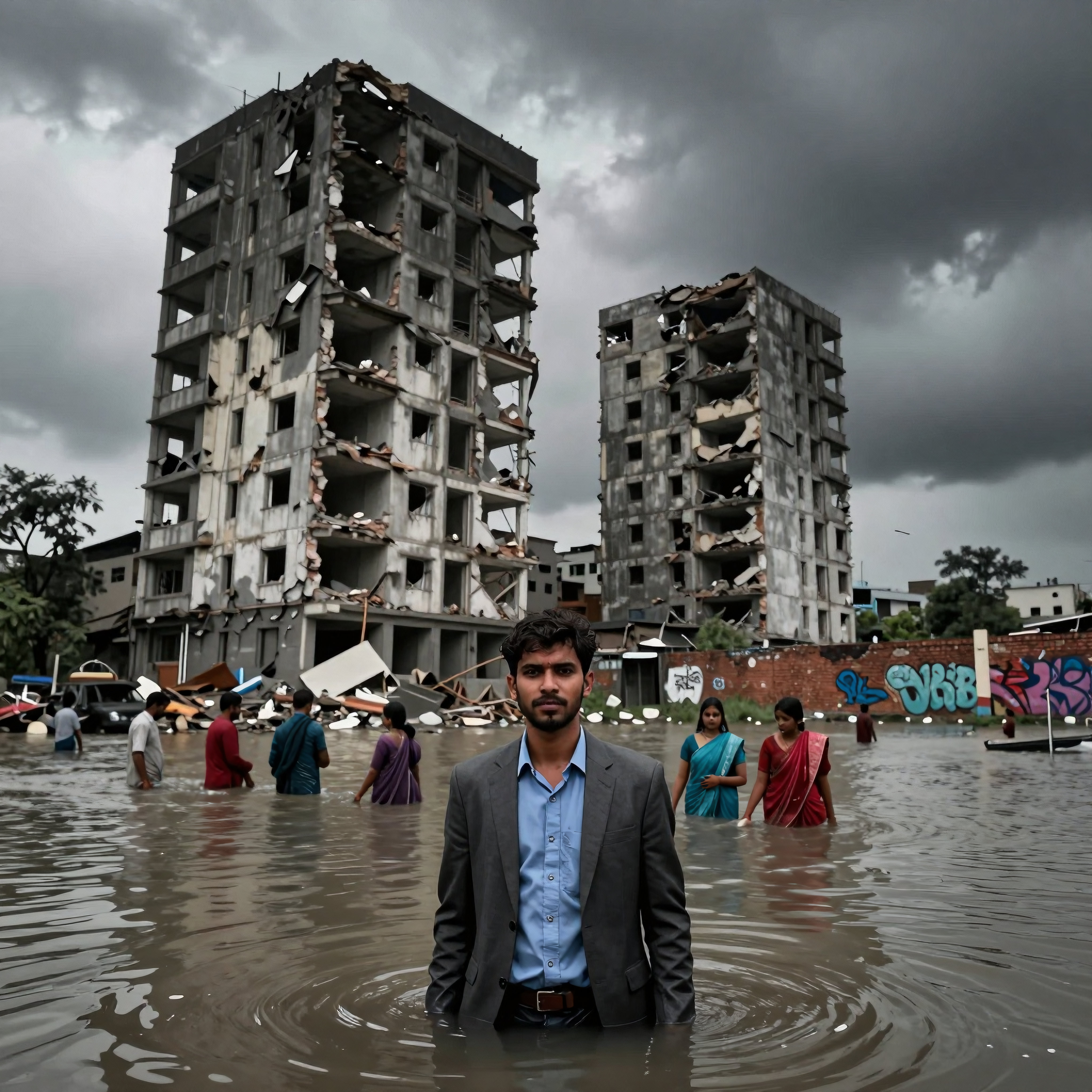 Man stands in floodwater among destroyed buildings after catastrophic event