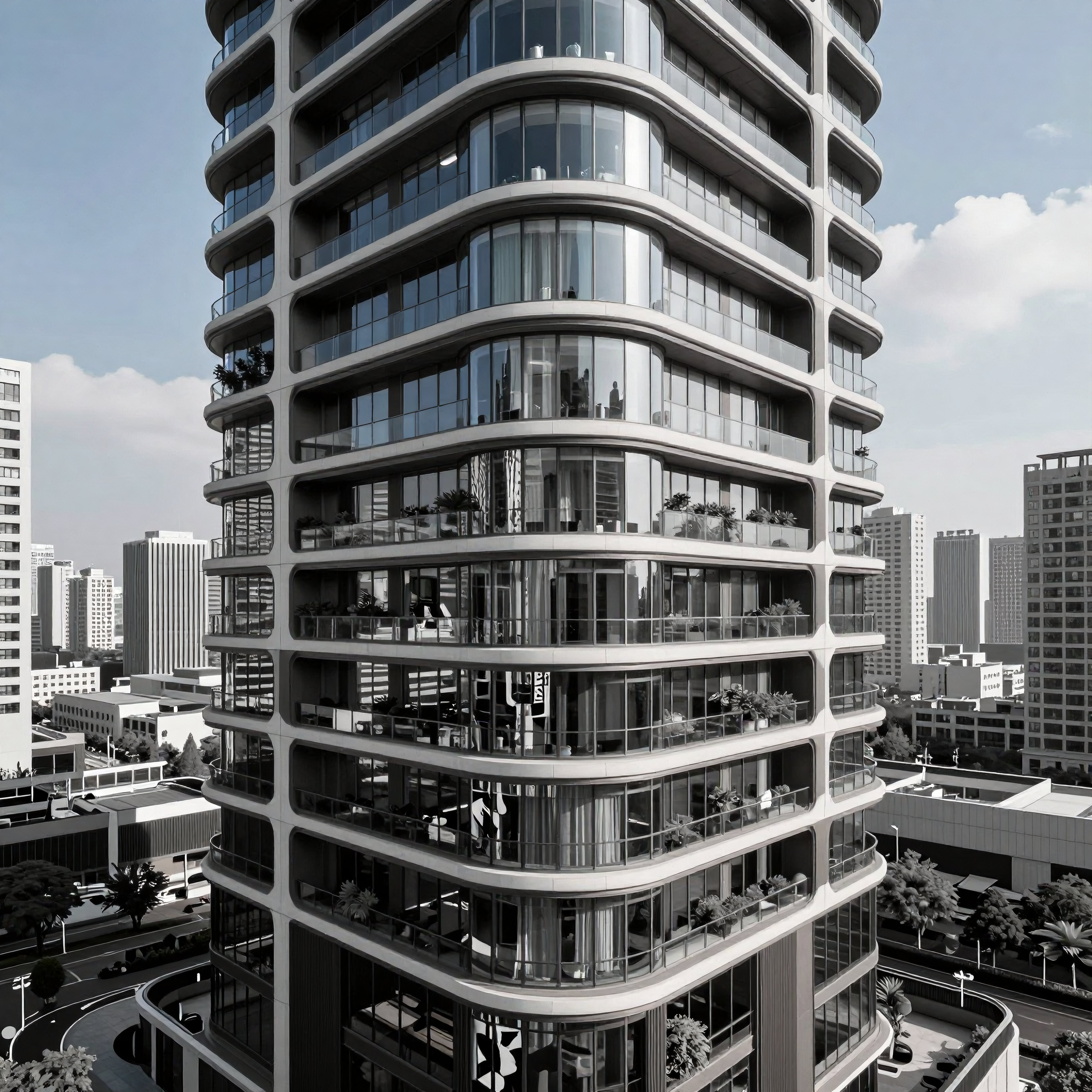 Modern Curved High-Rise Residential Building in Urban Skyline
