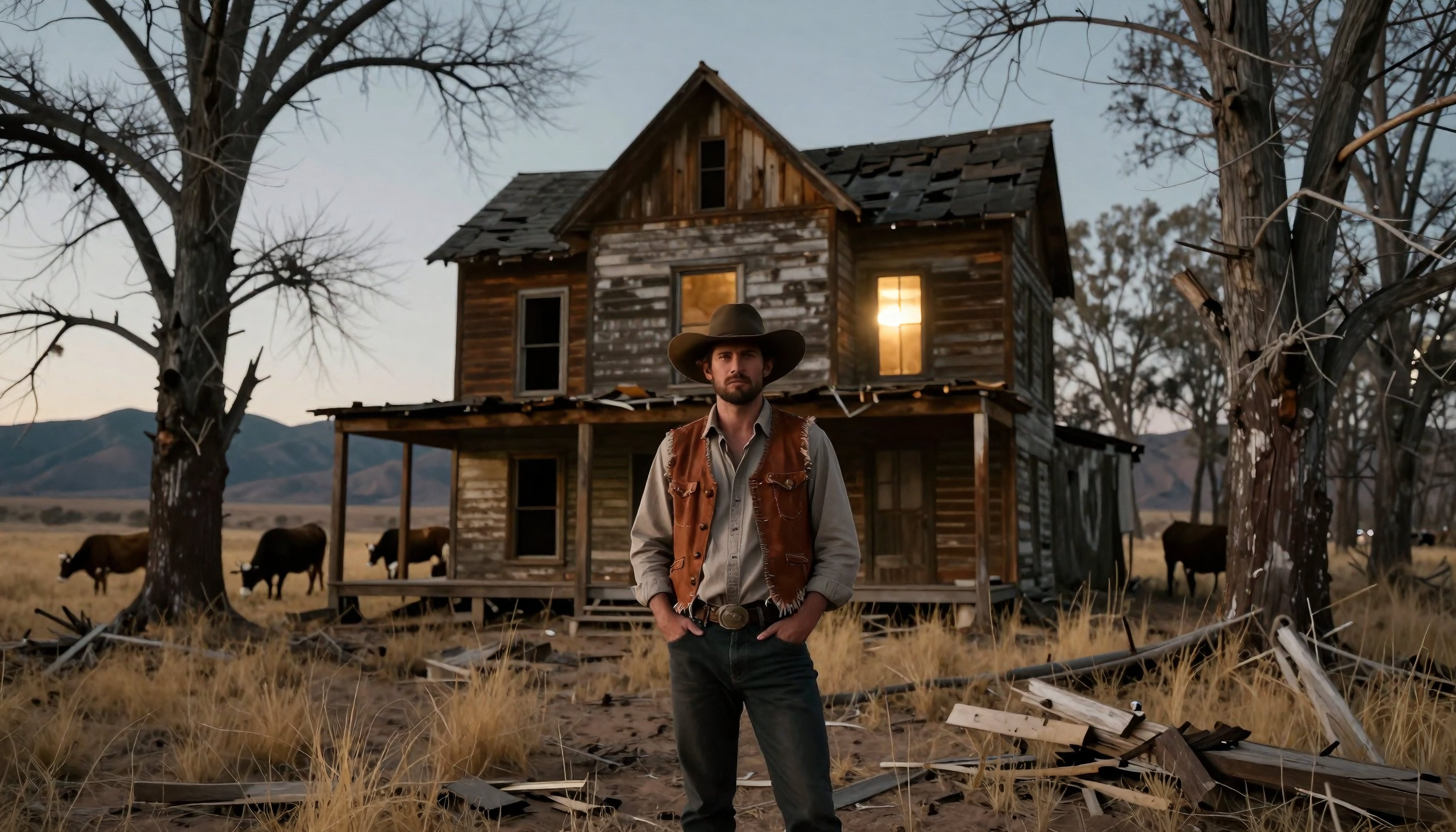Lone cowboy standing before rustic Western homestead at golden hour with grazing cows and bare trees