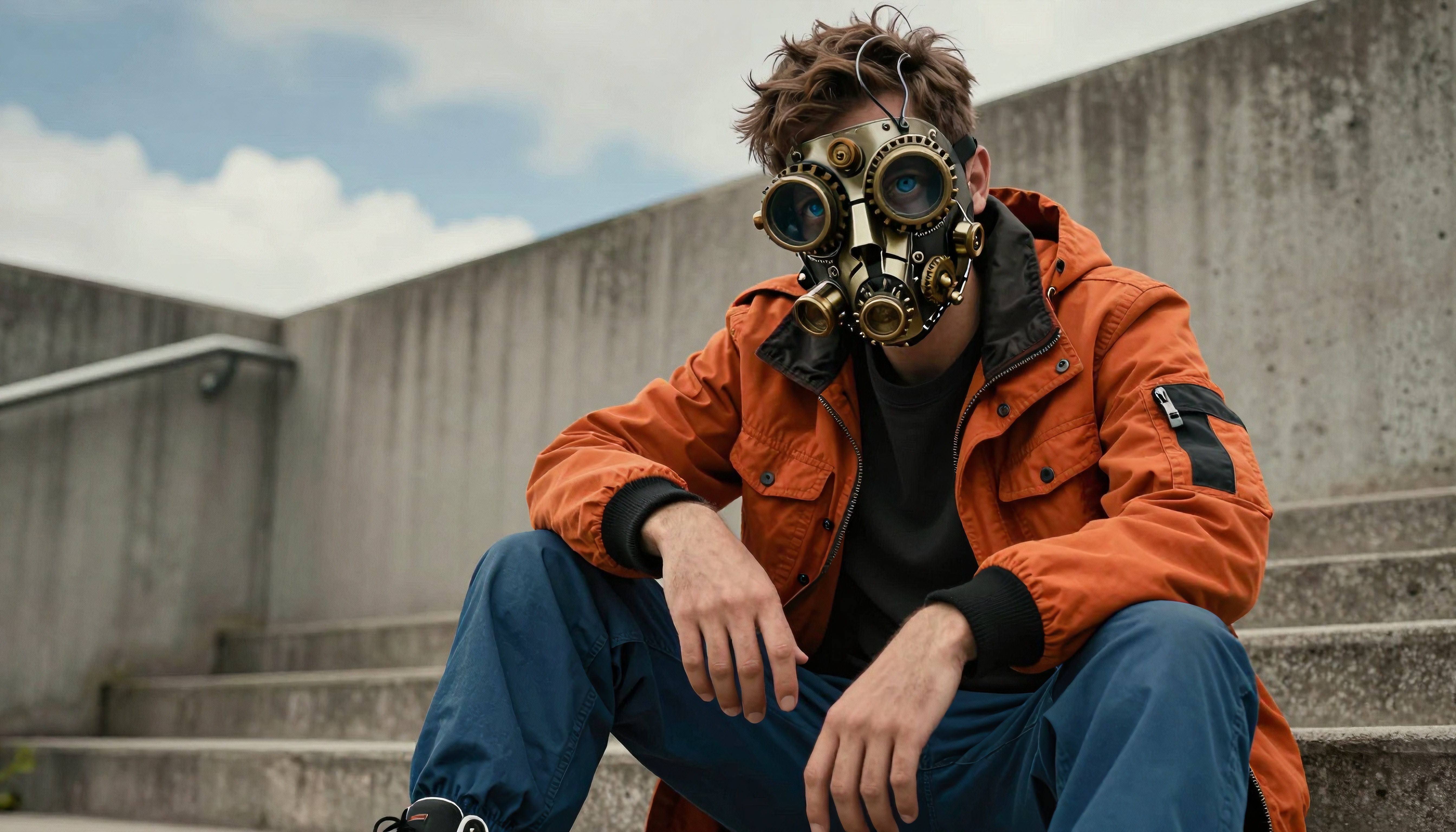 Young man wearing ornate steampunk gas mask sitting on concrete stairs outdoors