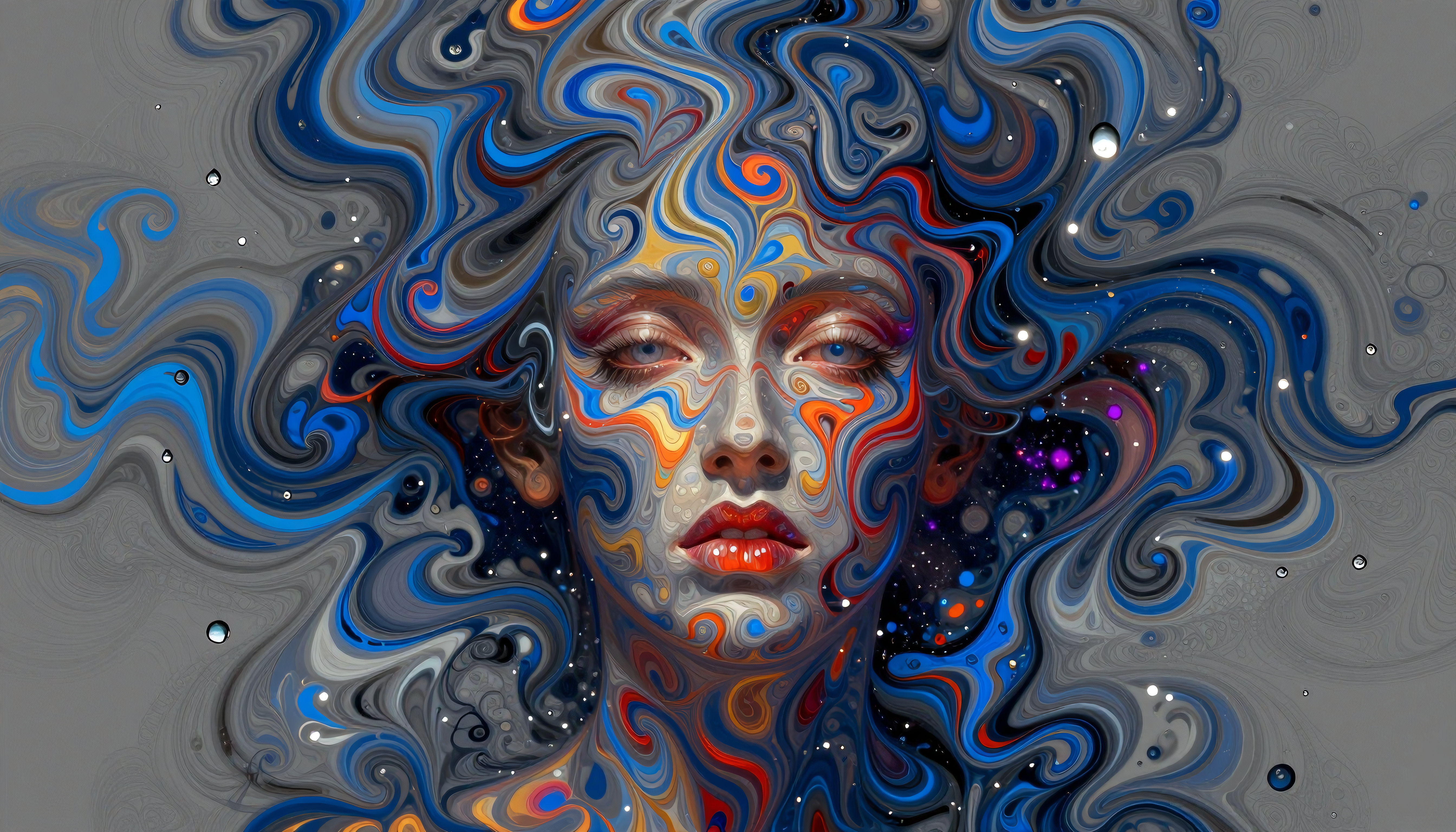 Surreal cosmic woman portrait with swirling galaxy patterns and vibrant color gradients