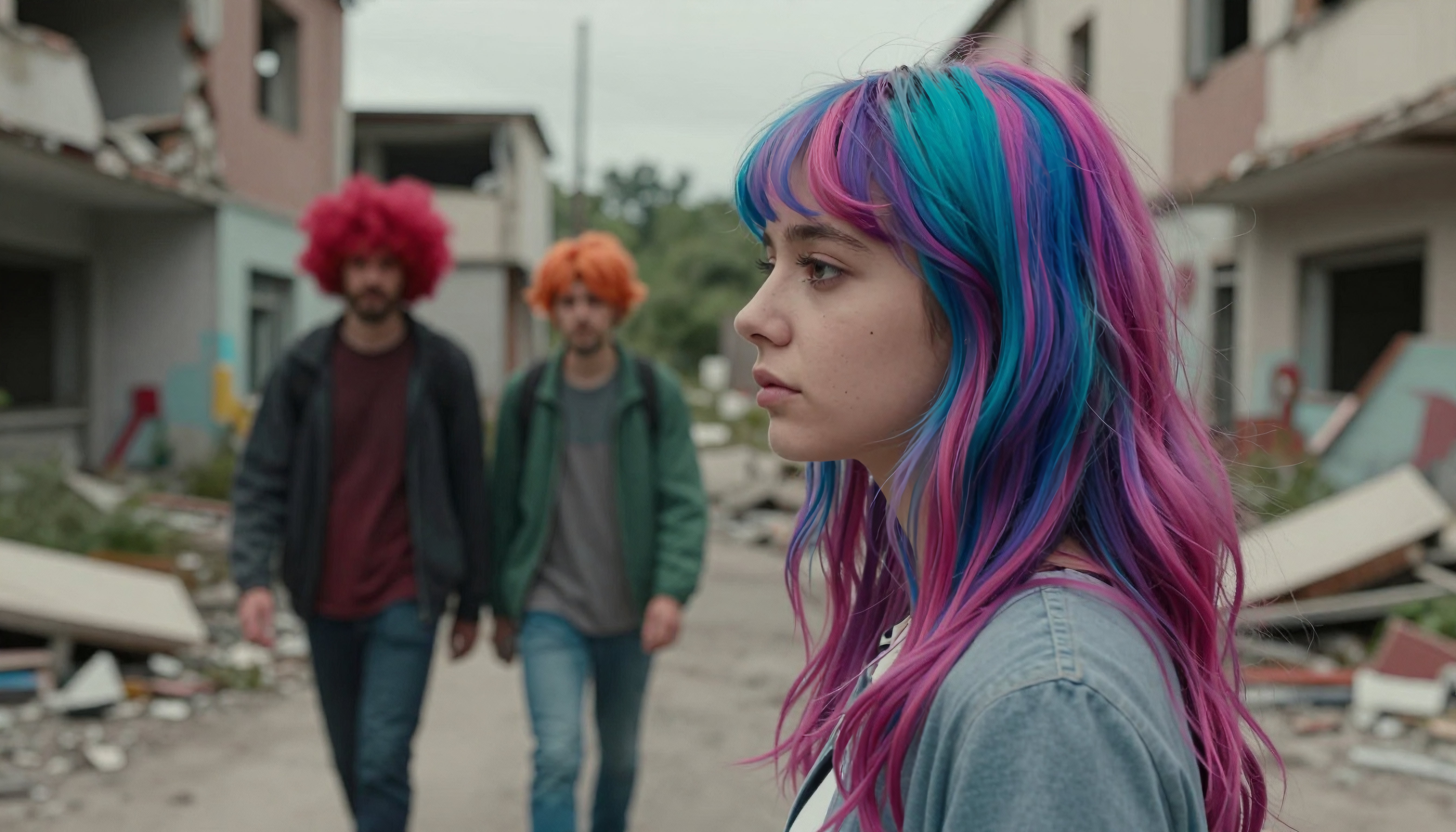 Girl with rainbow hair walks past two men in wigs near ruined buildings