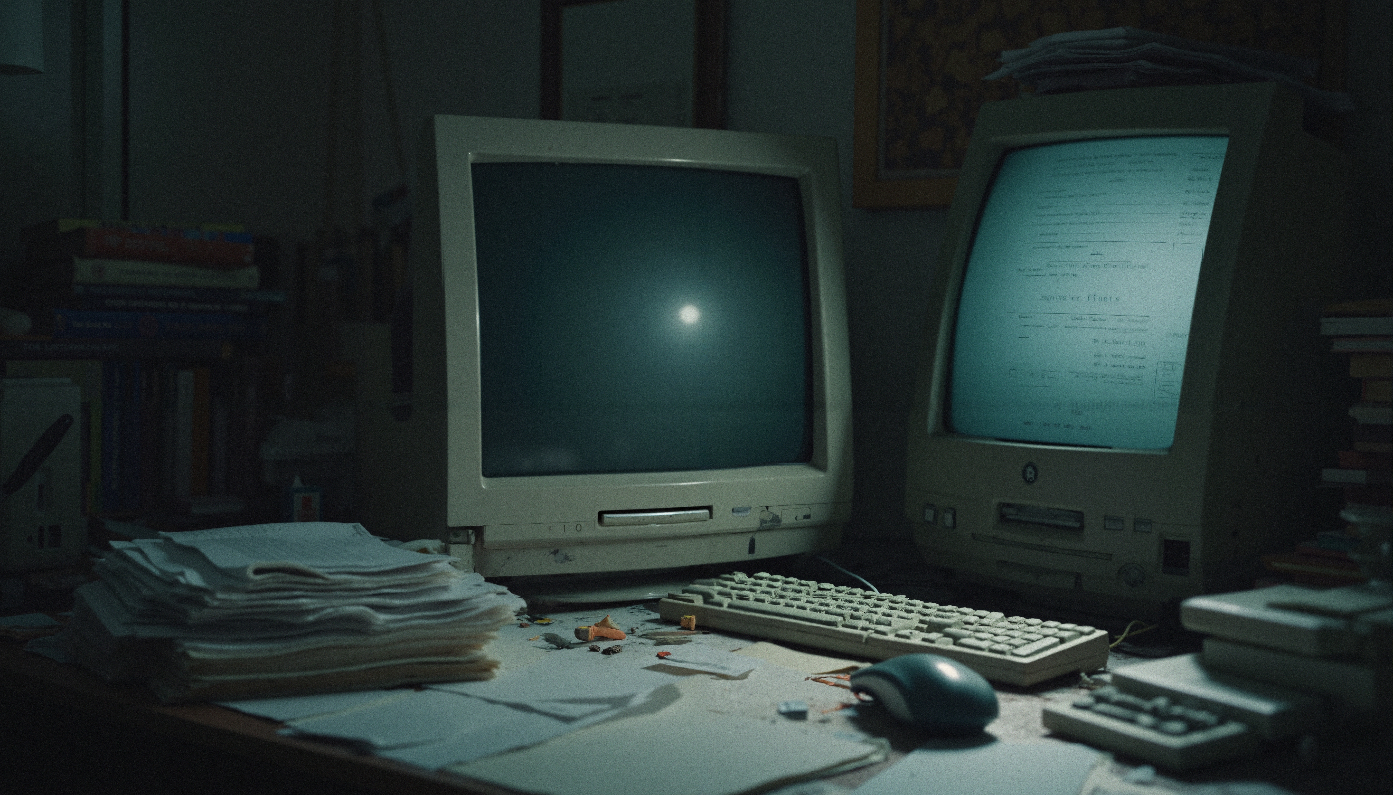 A nostalgic scene of vintage computers and a cluttered desk in a dimly lit study, evoking past technology.