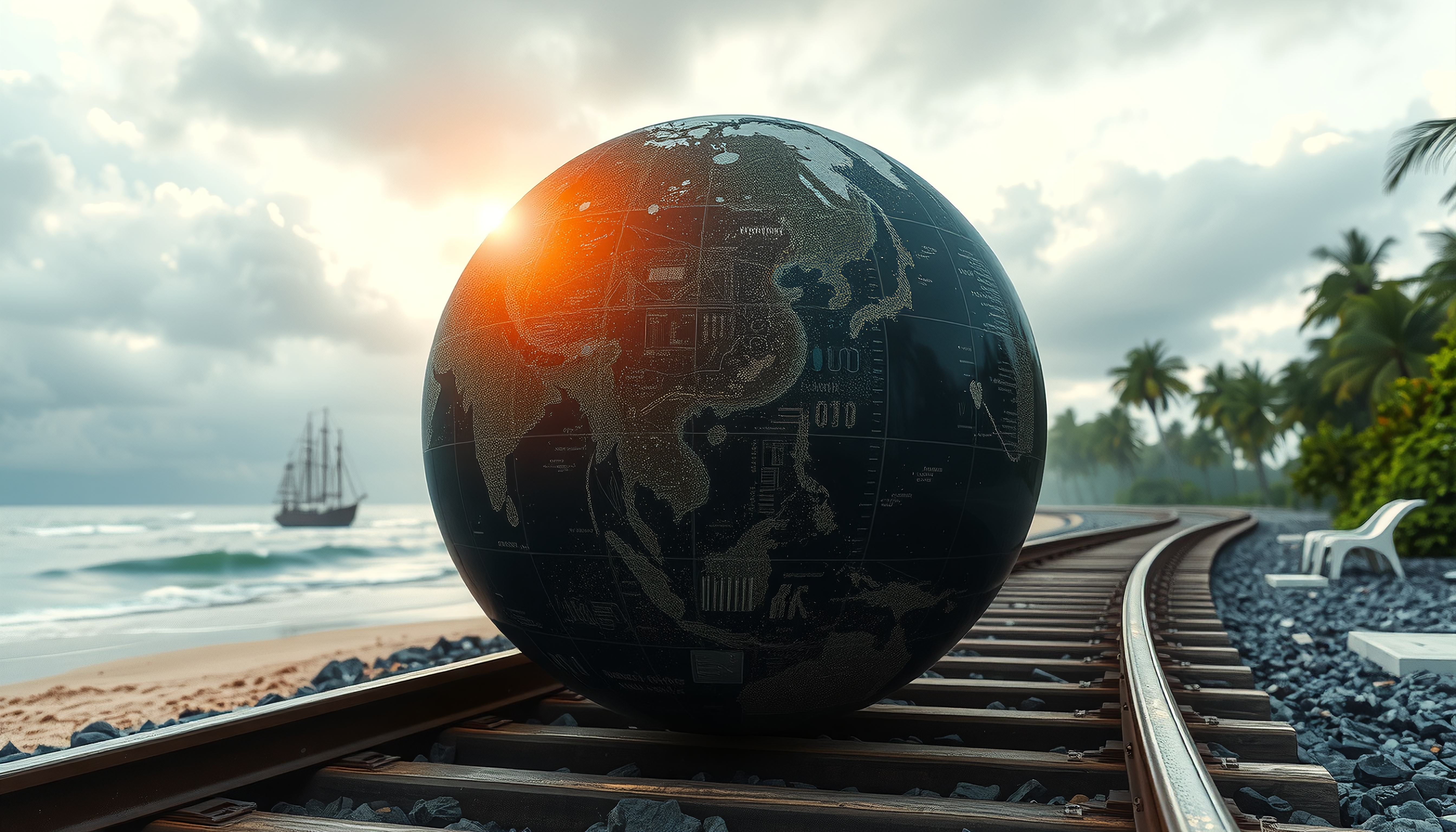 A globe sits on train tracks by a beach at sunset with a ship sailing in the background, symbolizing exploration and travel.