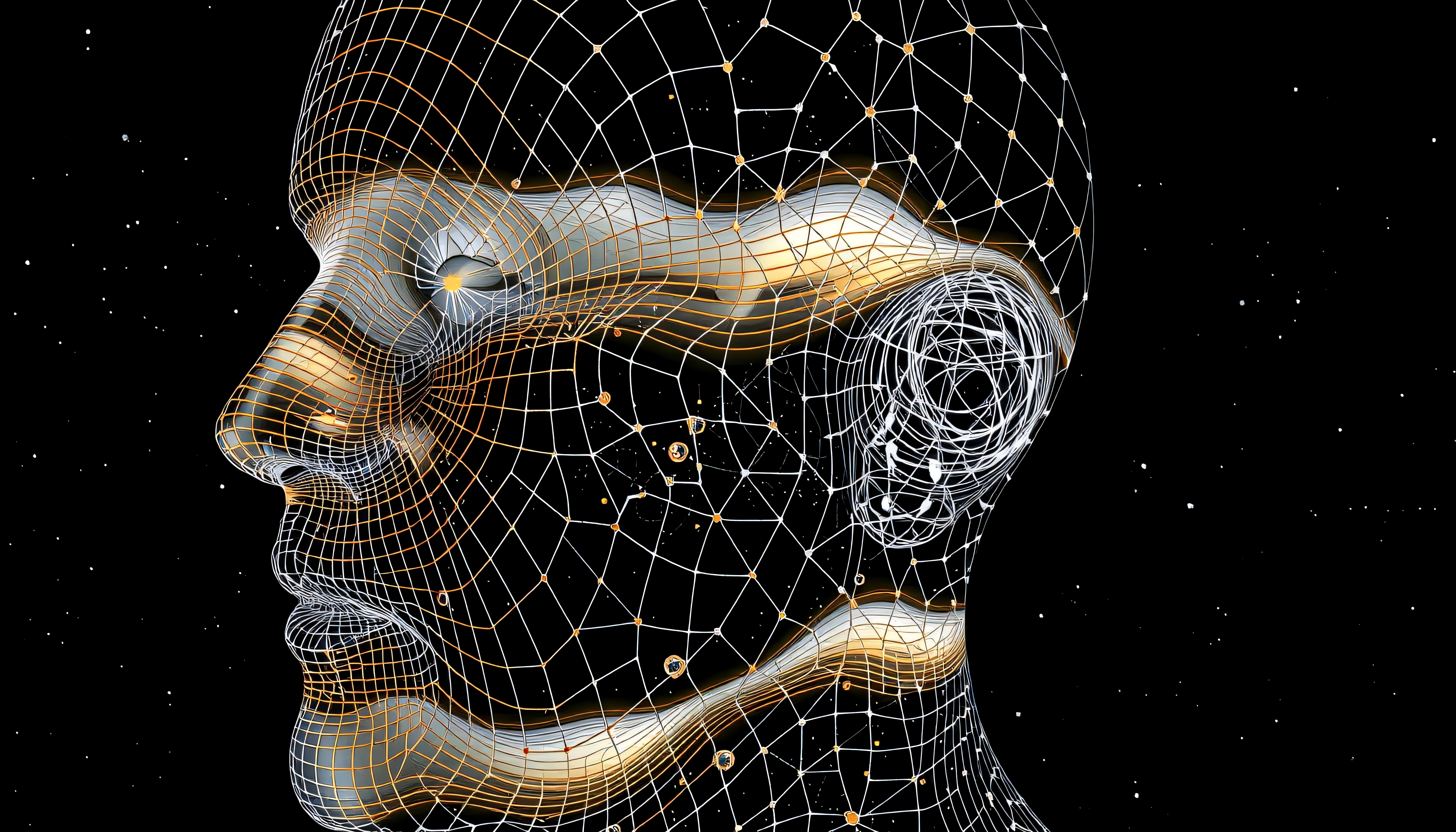 Futuristic wireframe face with cosmic background.