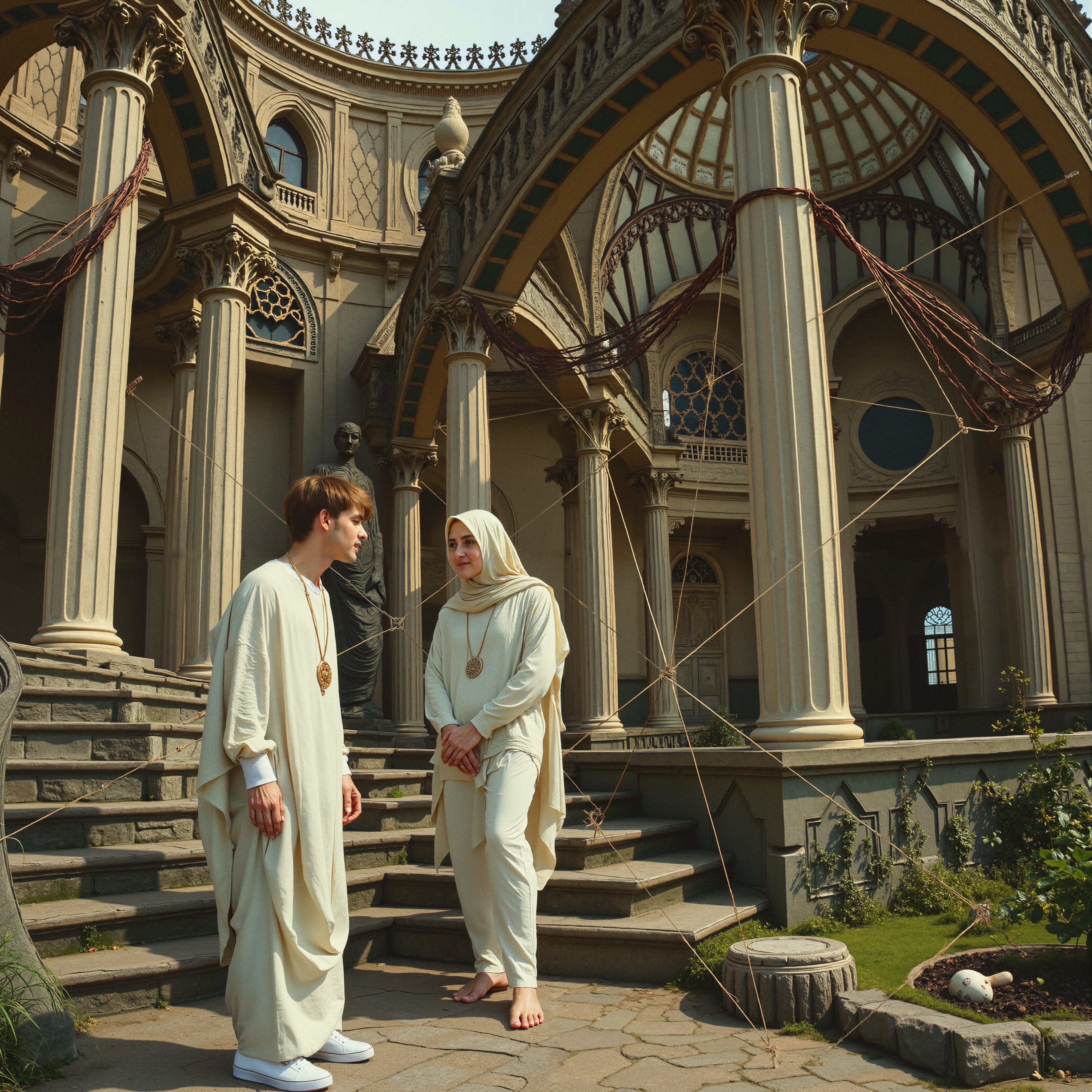 Two people in robes stand on a stone staircase in front of an ornate building with columns and arches.