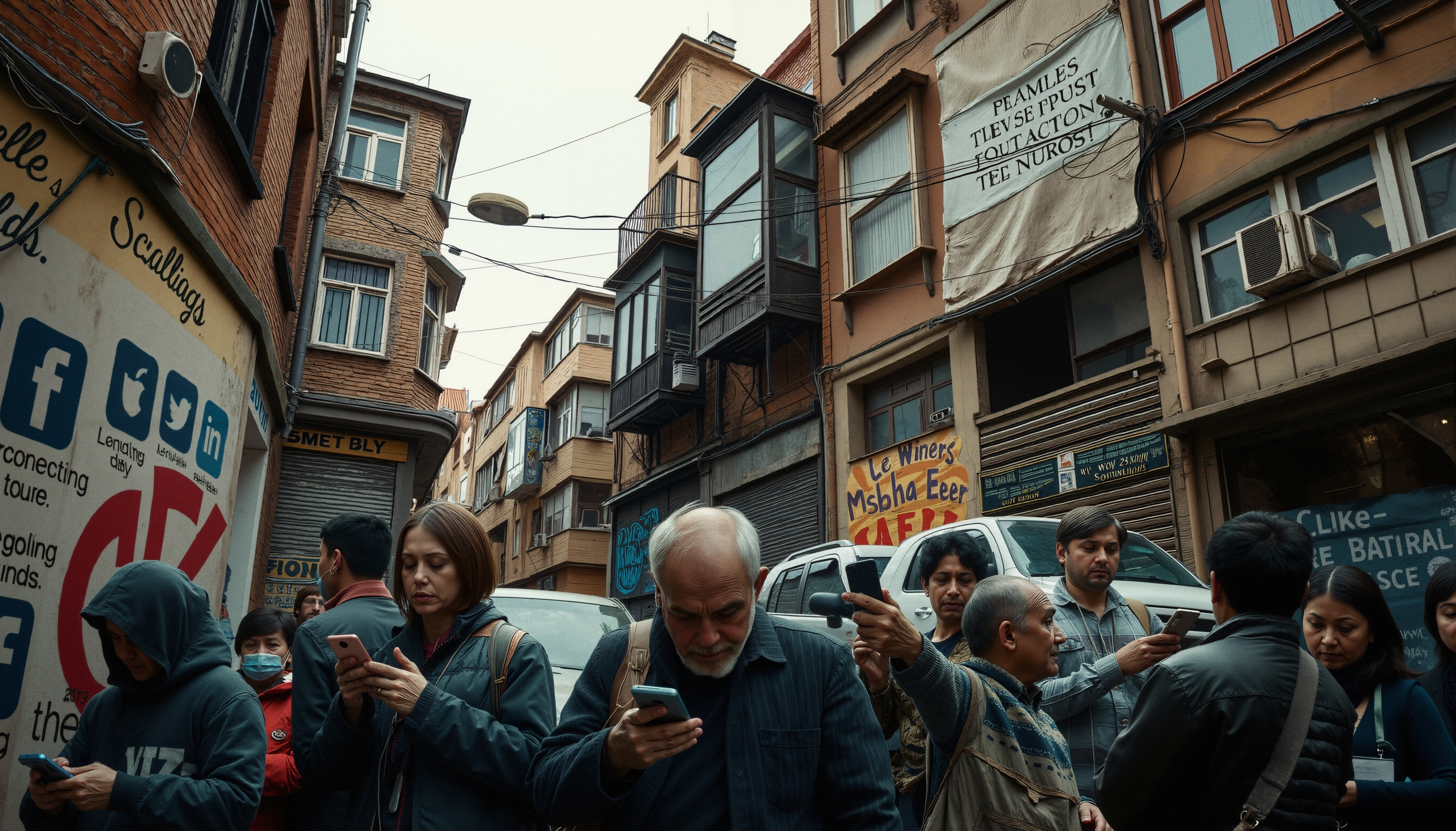 People immersed in smartphones on a busy urban street with social media billboards.
