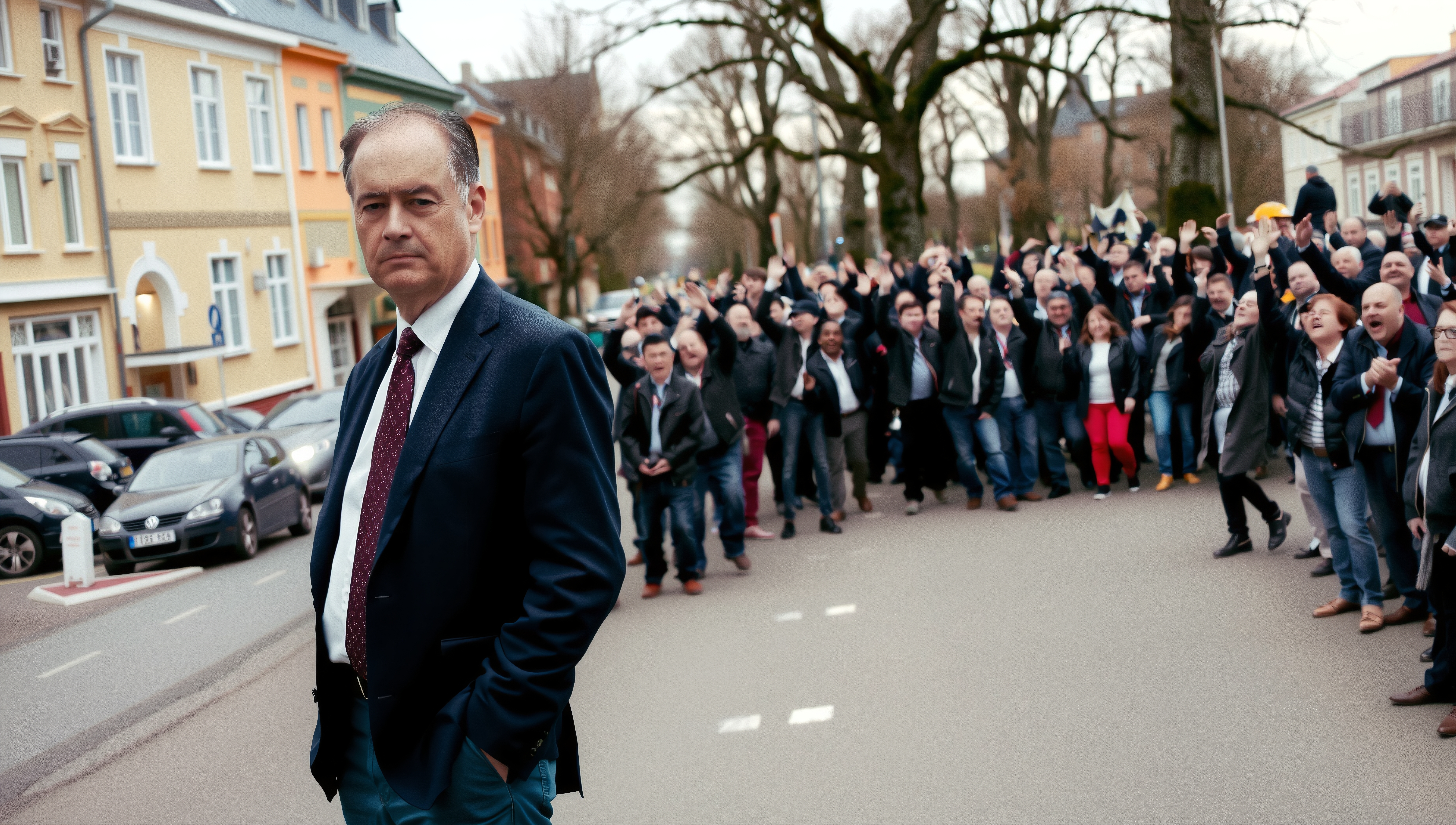 A man in a business suit stands composed as a large crowd protests behind him on a city street.