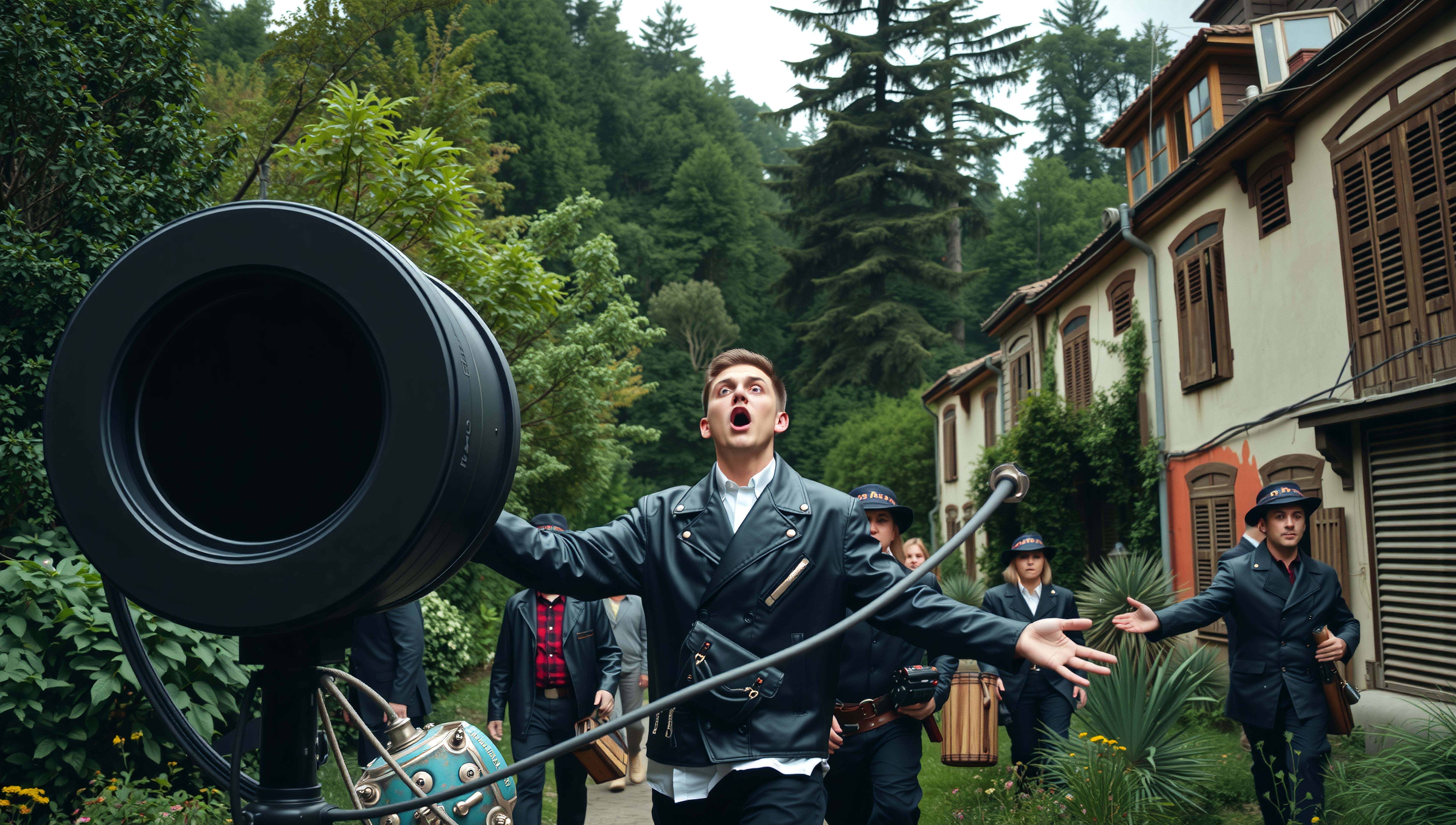 A dynamic scene of a young man leading a lively outdoor musical performance with a group in uniform amidst lush greenery and traditional architecture.
