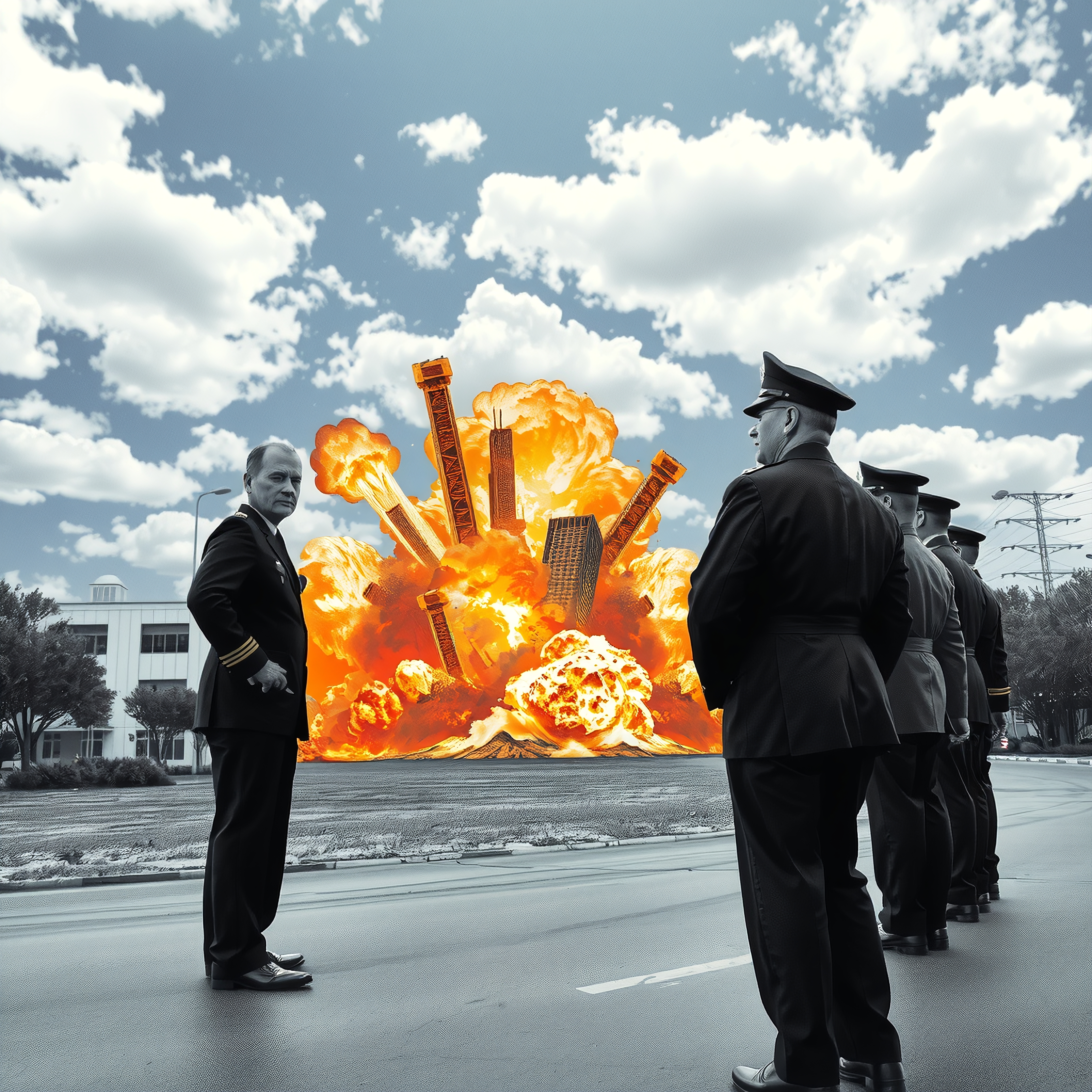 Uniformed officers watch as a building explodes, with vivid orange flames and billowing smoke creating a dramatic scene against a clear blue sky.