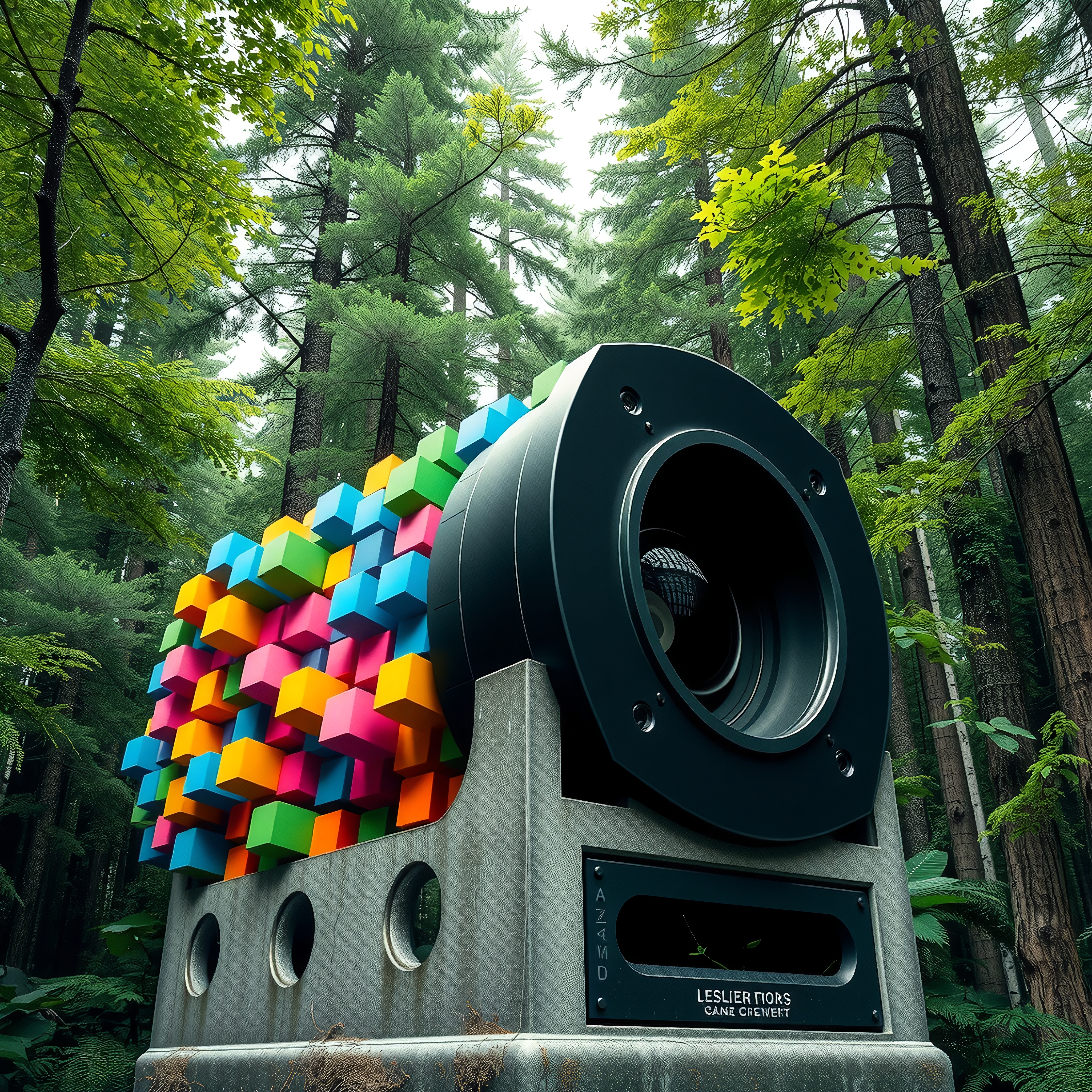 A large camera sculpture with colorful cubes in a green forest setting.