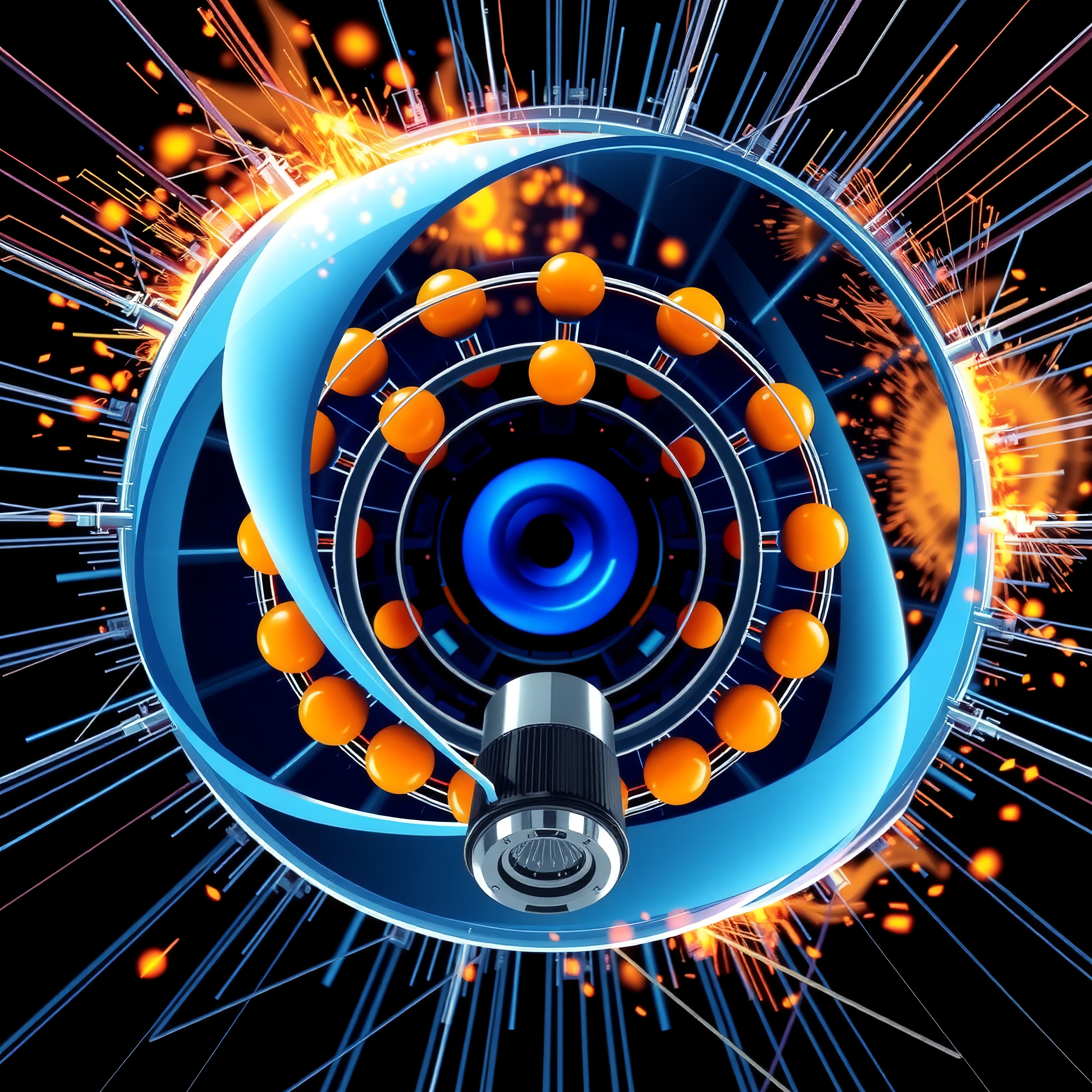 A visually striking representation of futuristic technology with dynamic energy bursts and atomic structures.