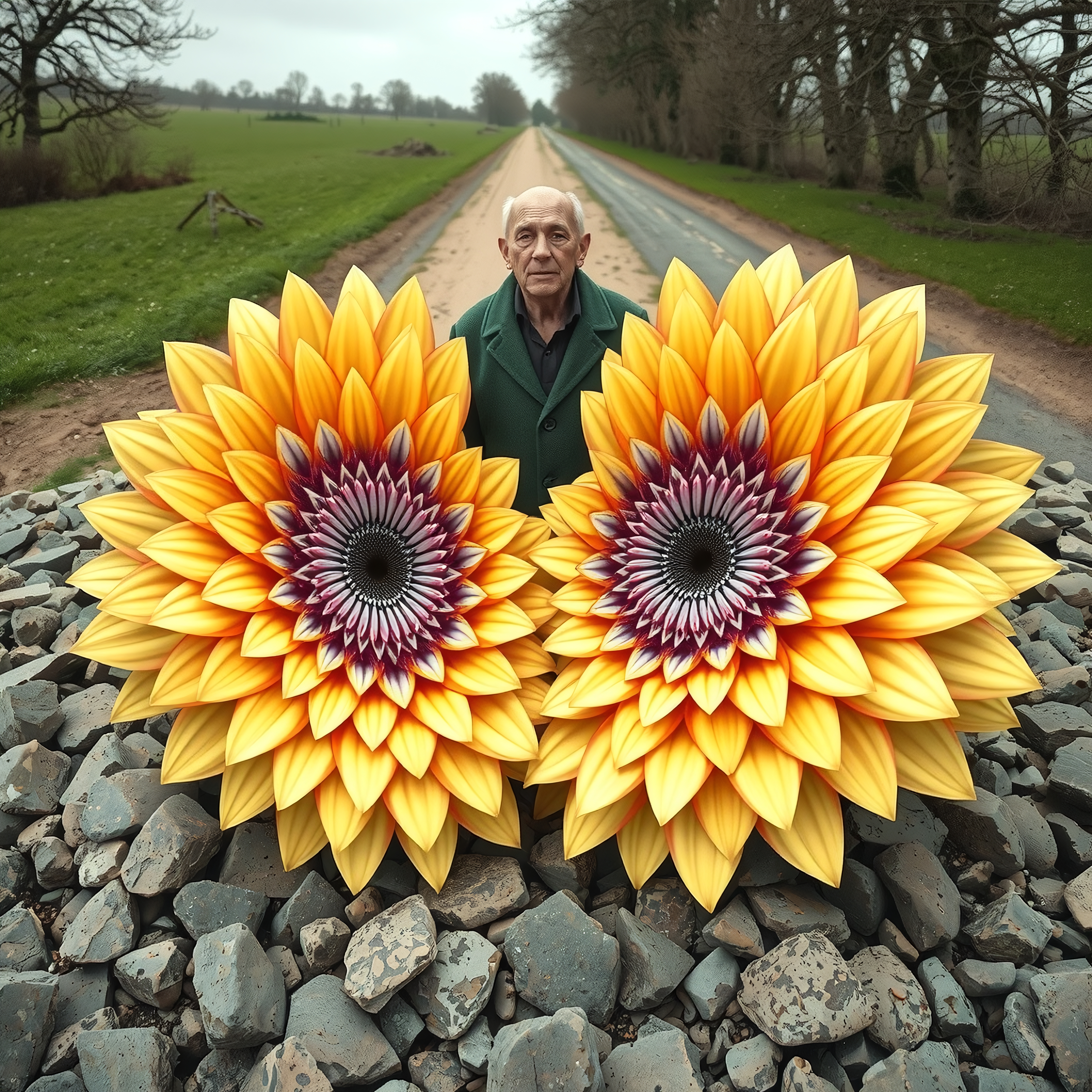 Giant sunflowers with man on rural road in countryside landscape