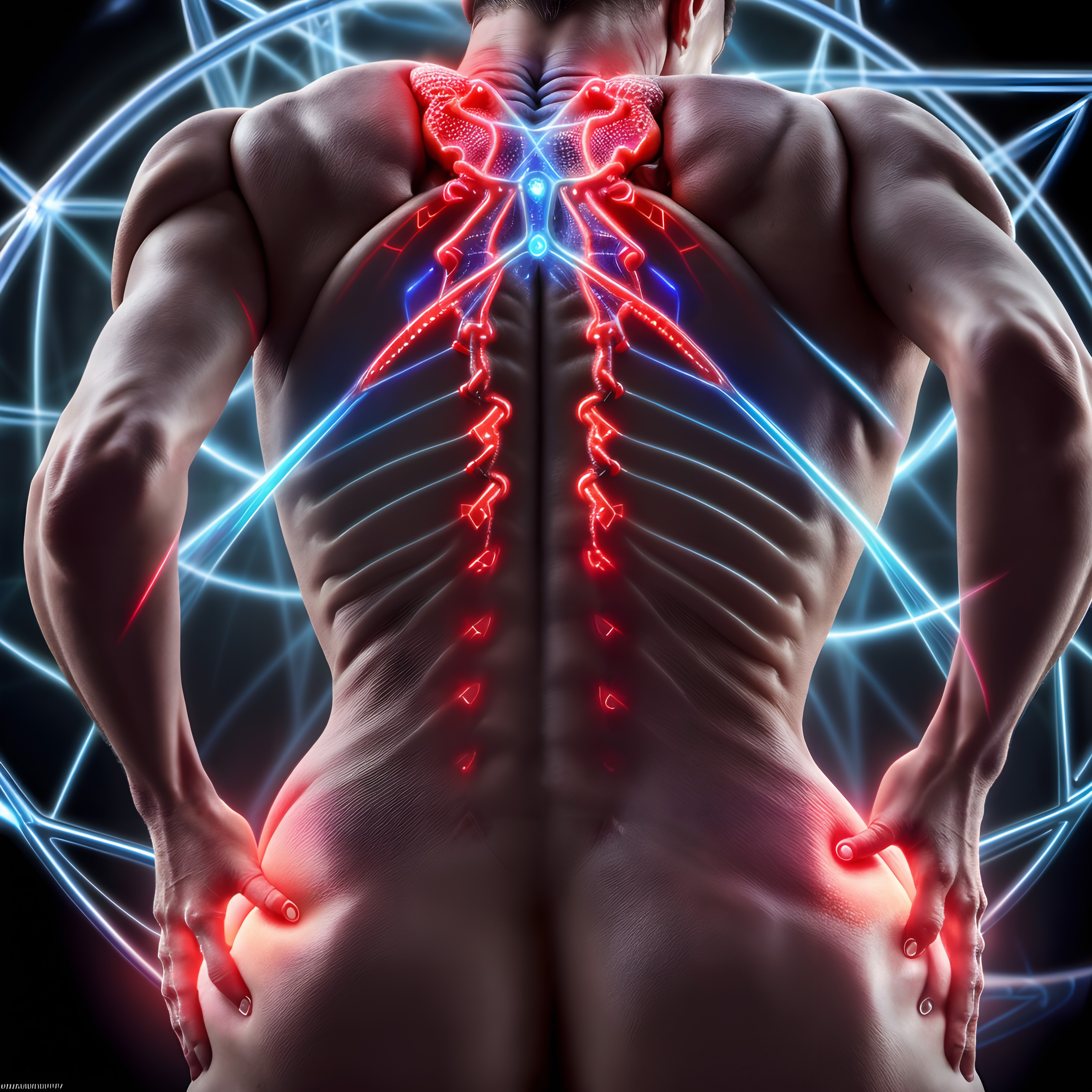 Muscular back illustrating nervous system and spine with glowing lights, highlighting pain points and tension areas.