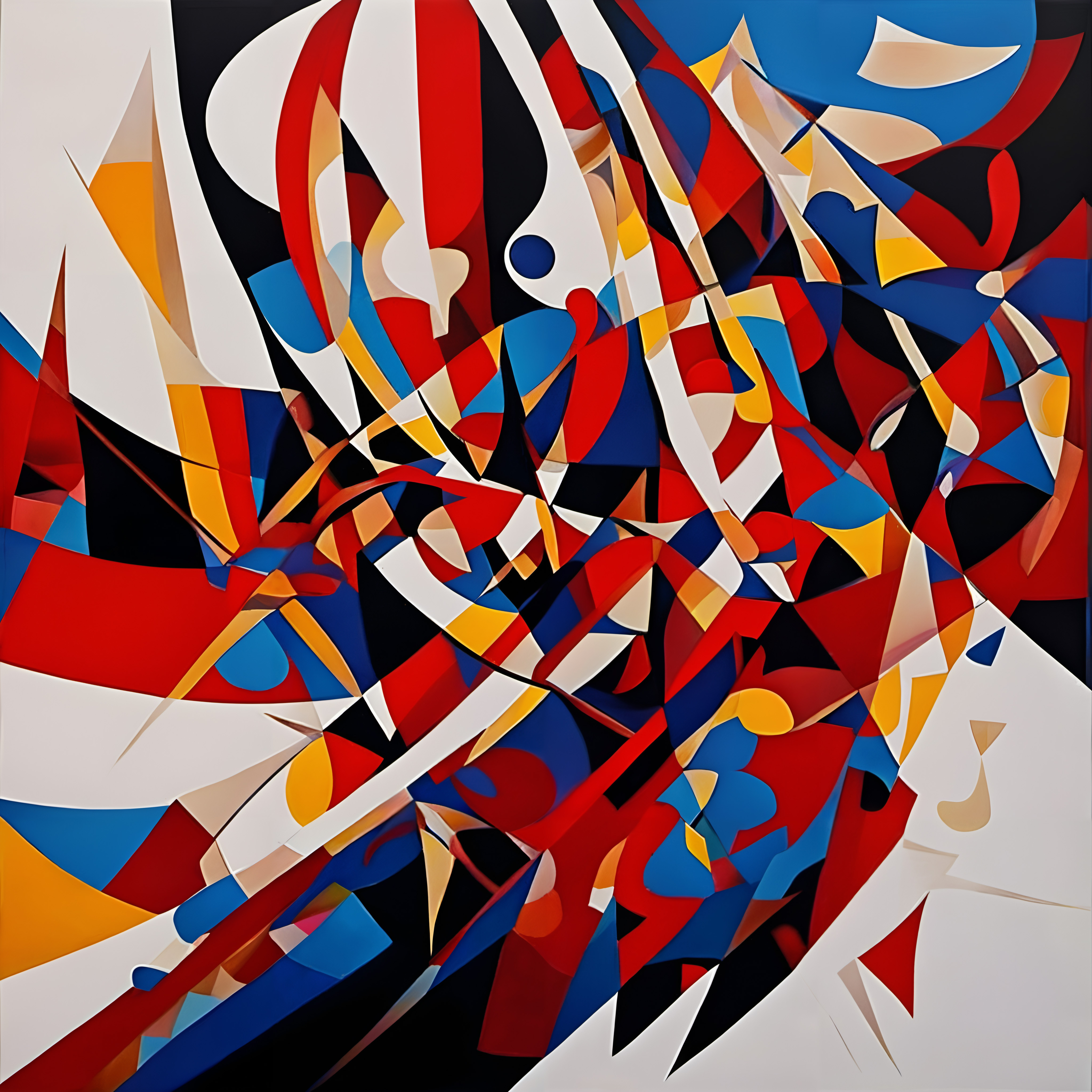 A vibrant abstract painting with red, blue, and yellow shapes interweaving dynamically against a contrasting background.