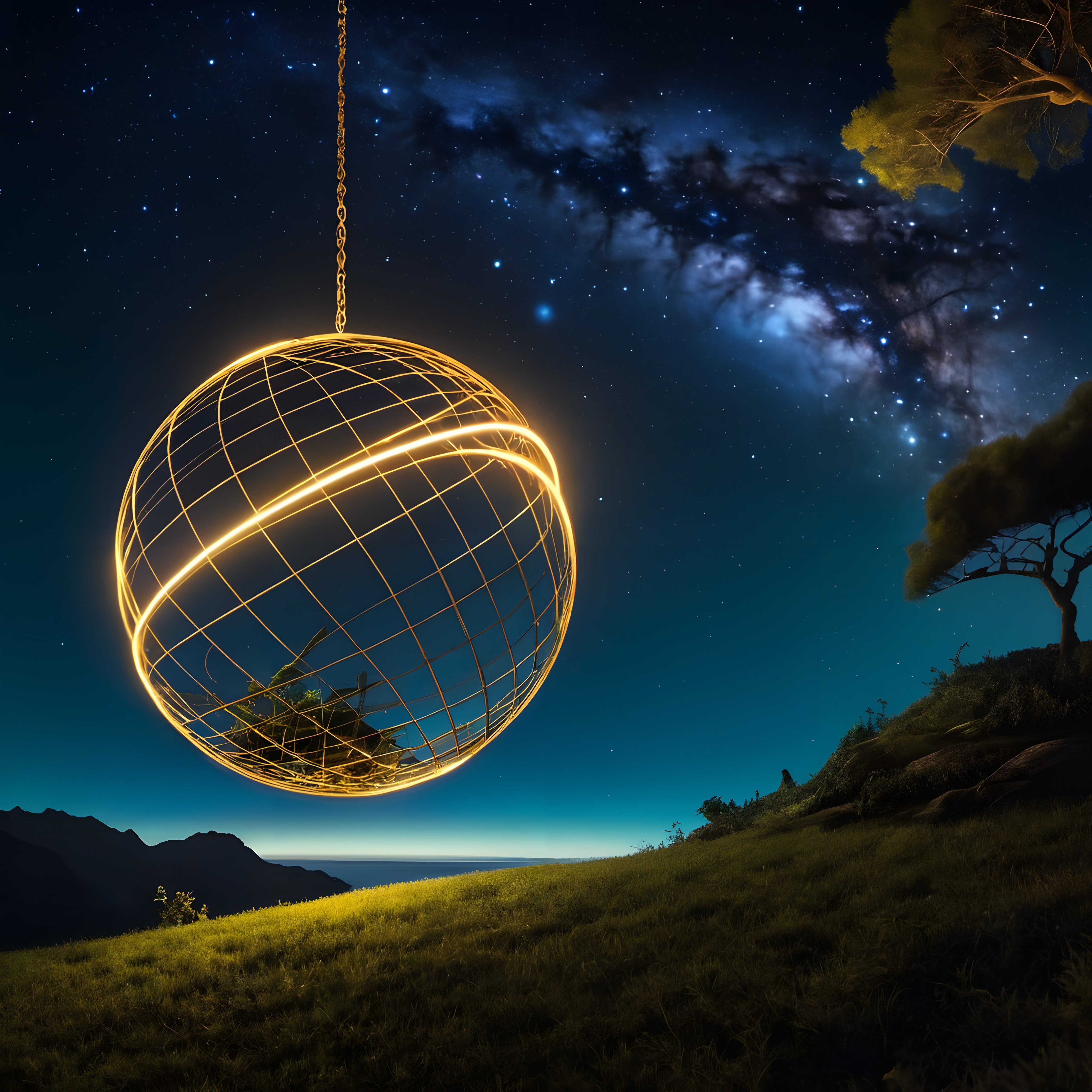 A glowing spherical cage illuminates a tranquil night landscape beneath a starry sky.