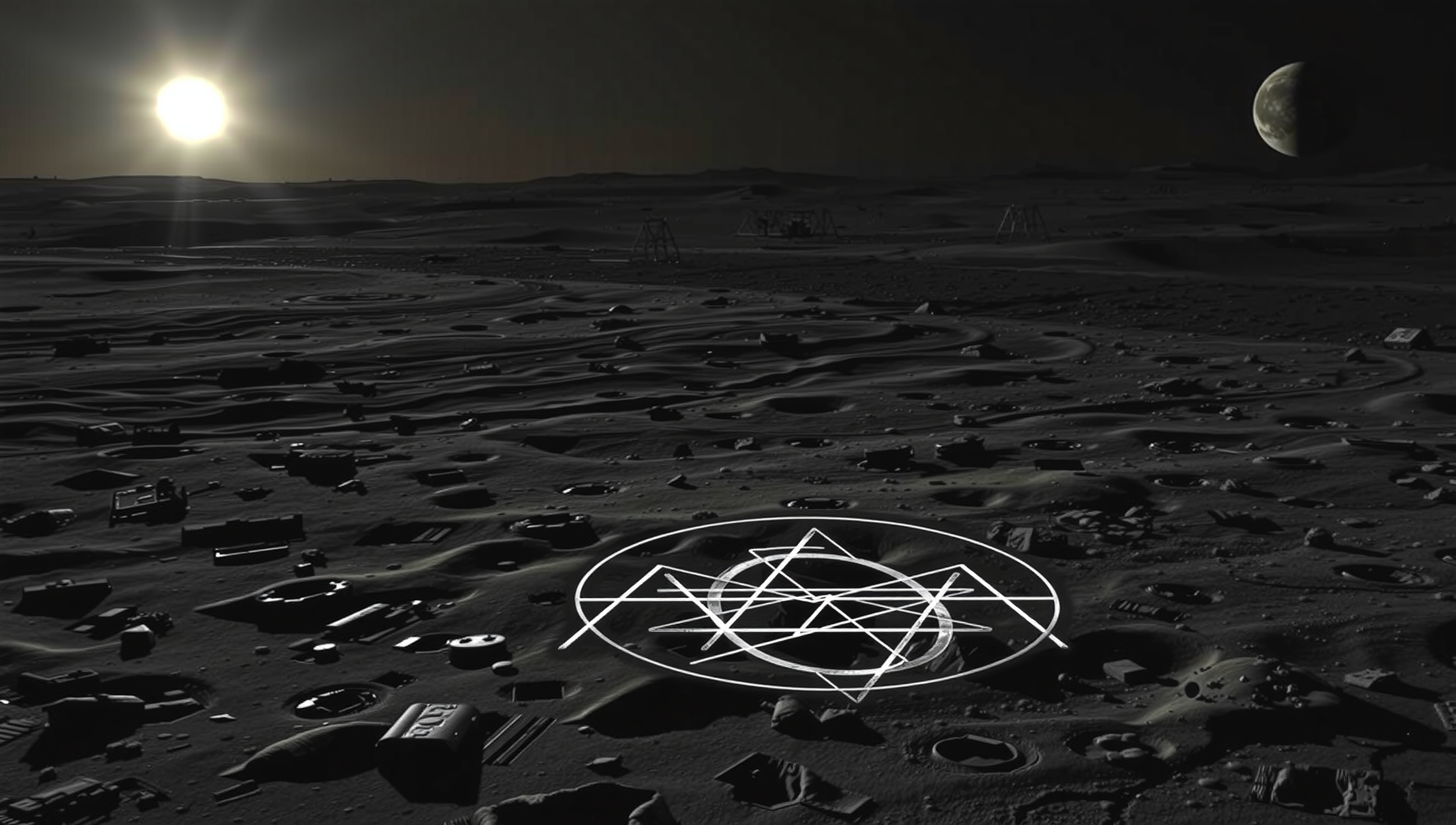 Symbolic pentagram on moon surface at dusk.