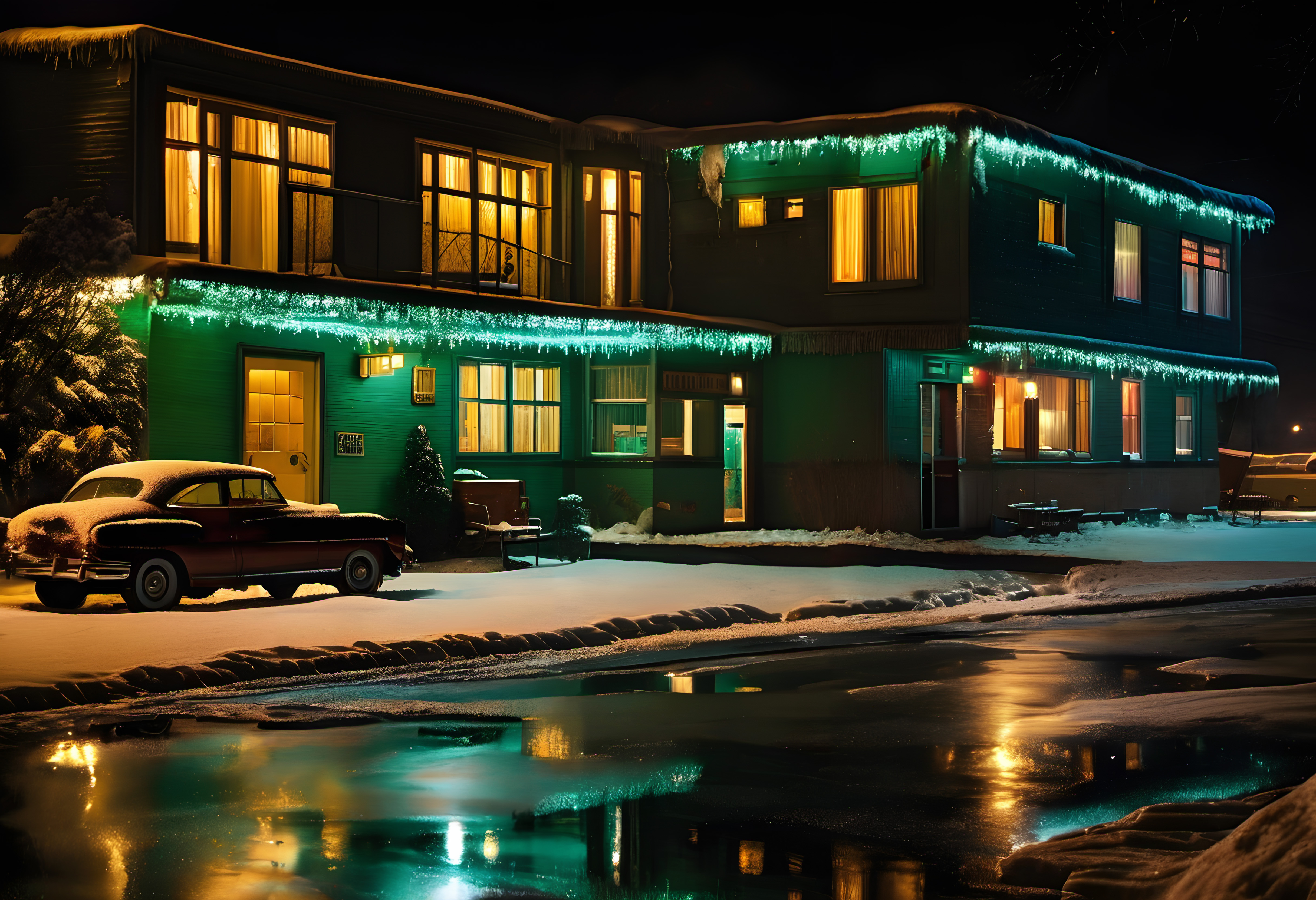 Snow-covered retro building at night with festive lights reflecting on ice.