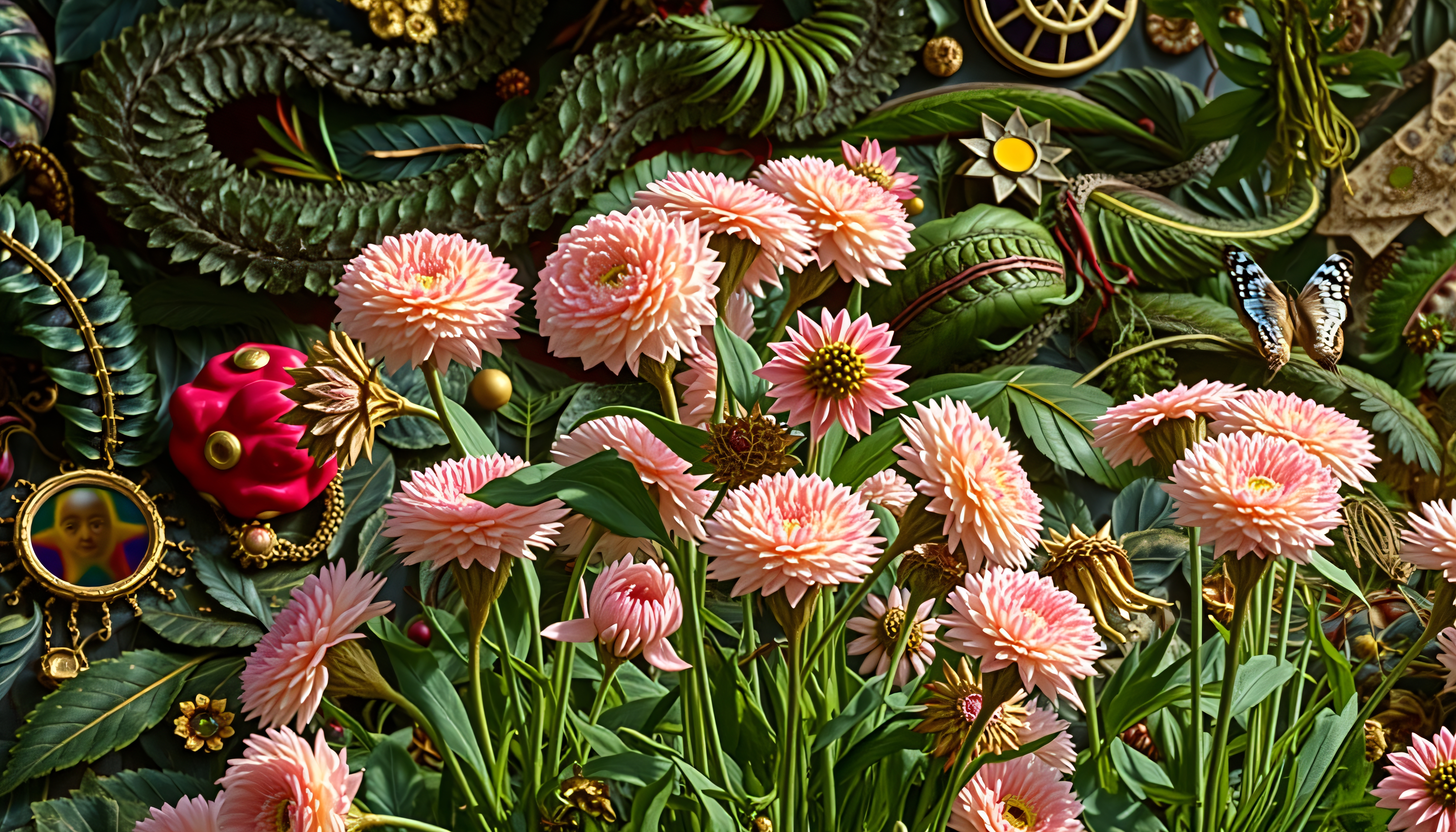 A vibrant garden of pink flowers with ornate decorations.