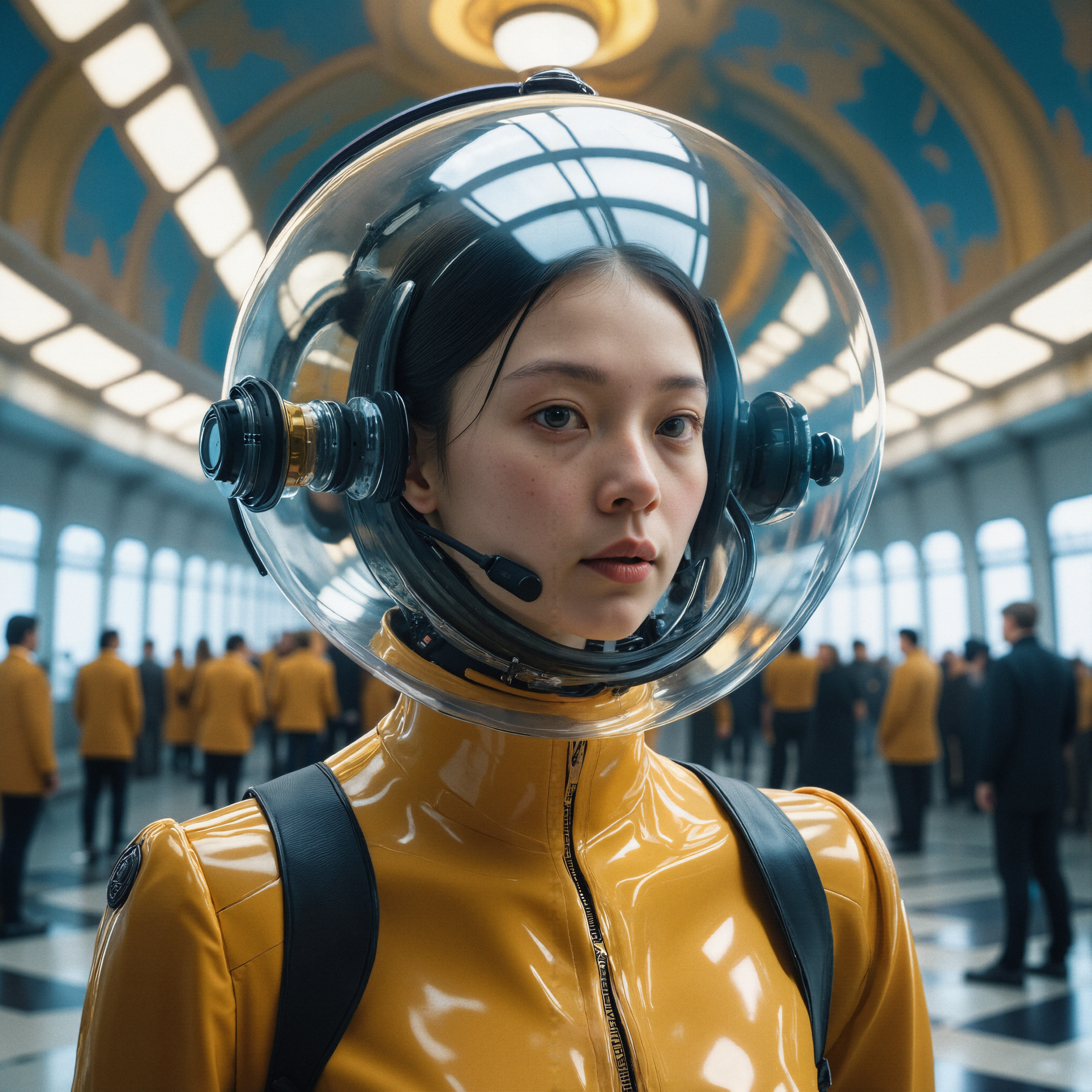 Futuristic Traveler in Yellow Attire