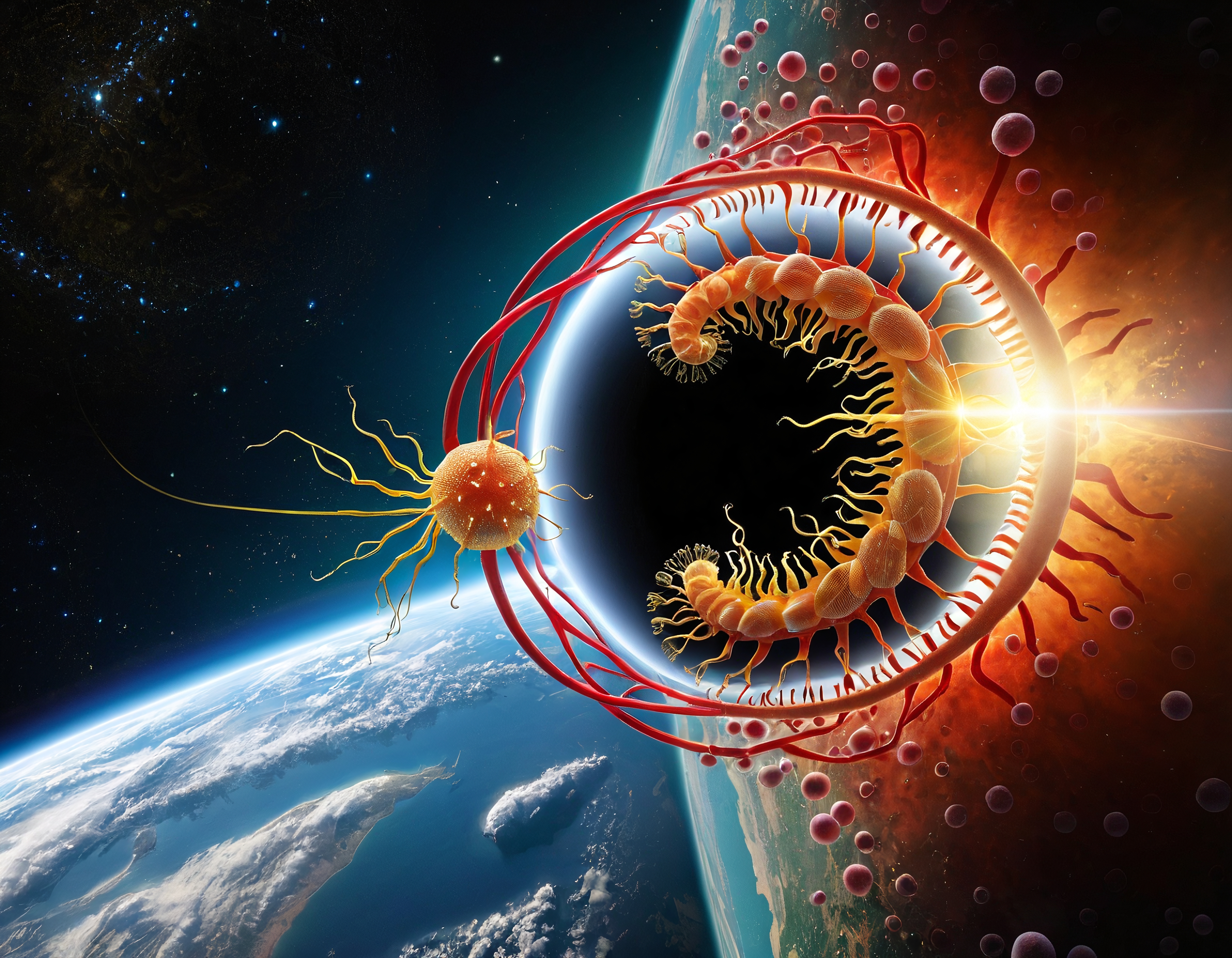 A fascinating view of Earth from space featuring an organic spherical structure with tentacles, set against a cosmic backdrop illuminated by a radiant light source.