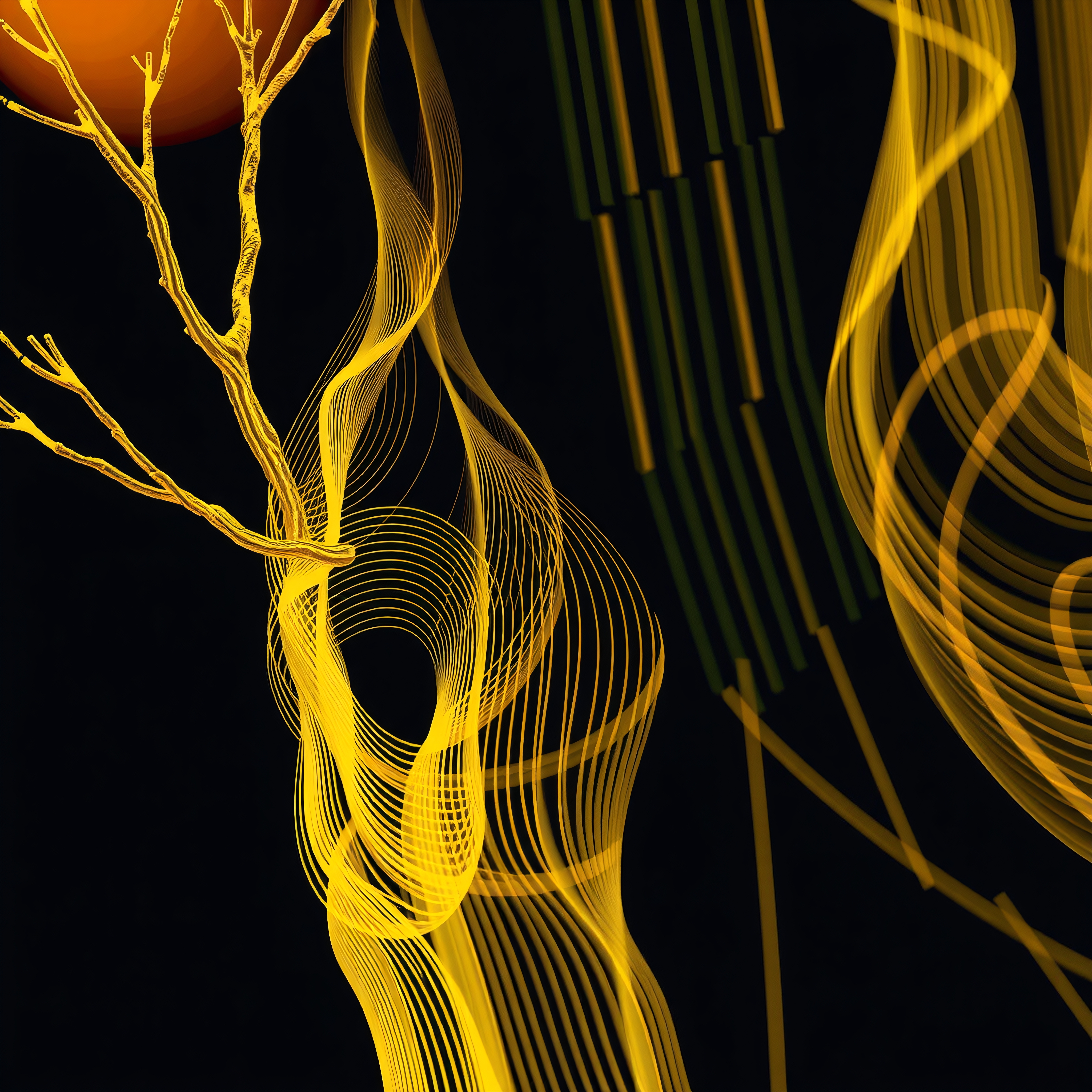 Abstract image with golden swirling lines against a black background, creating an organic and dynamic visual pattern with a glowing orange element.