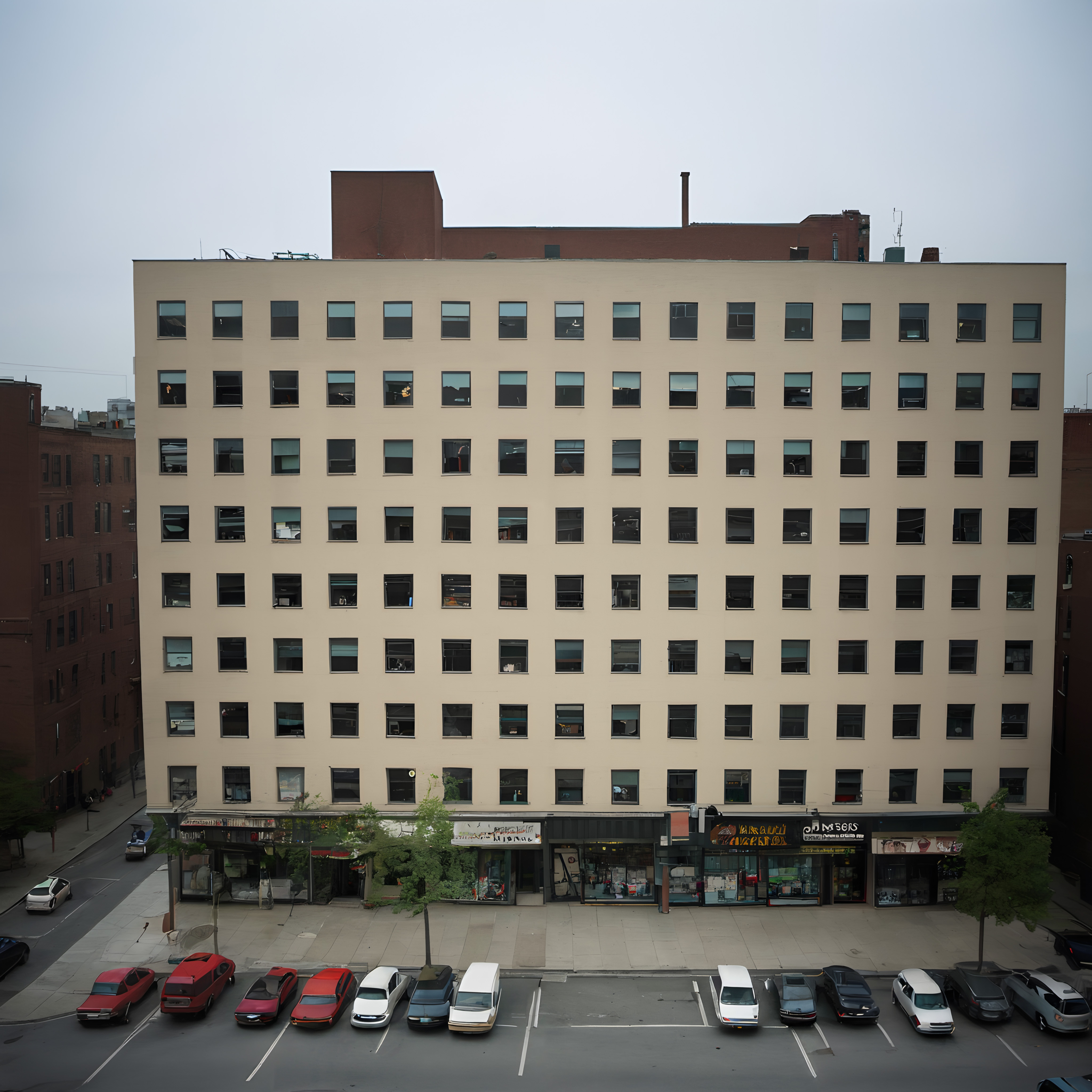 Multi-story urban building with shops and parked cars.