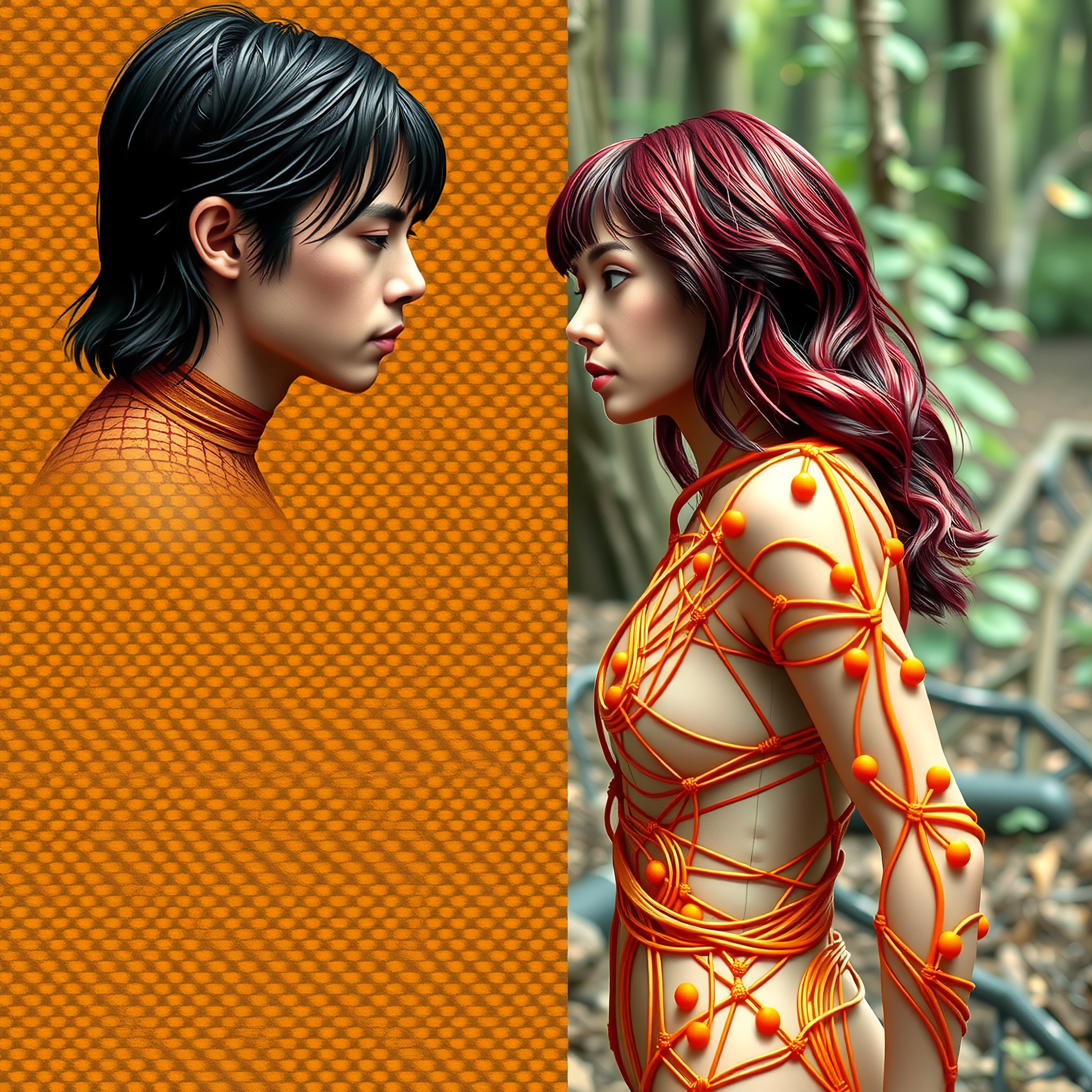 A vibrant and artistic portrait of two figures in contrasting settings and attire, showcasing the fusion of nature and modern design.