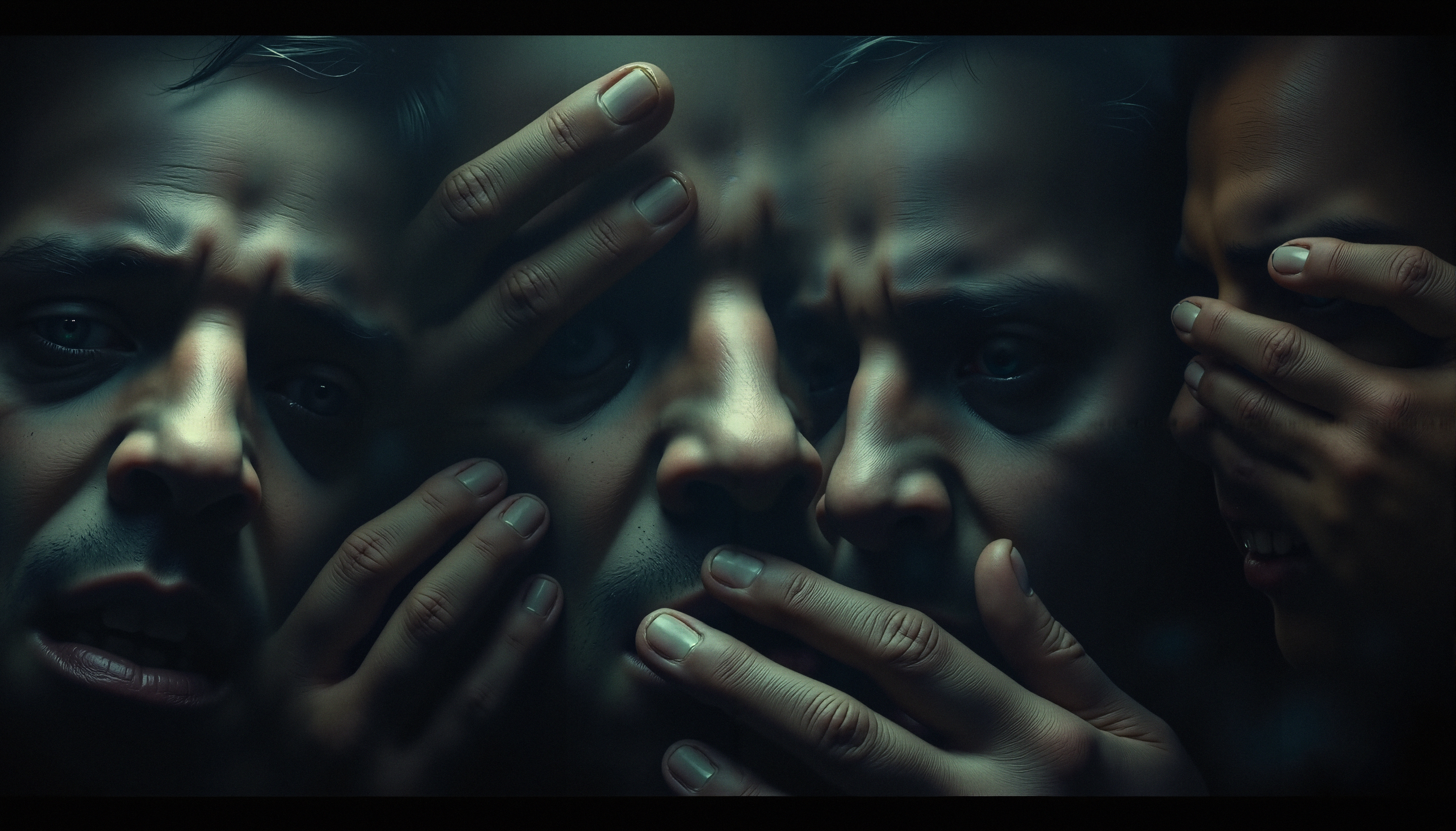 A dark, dramatic composition showing faces and hands, expressing a range of intense emotions under cinematic lighting.