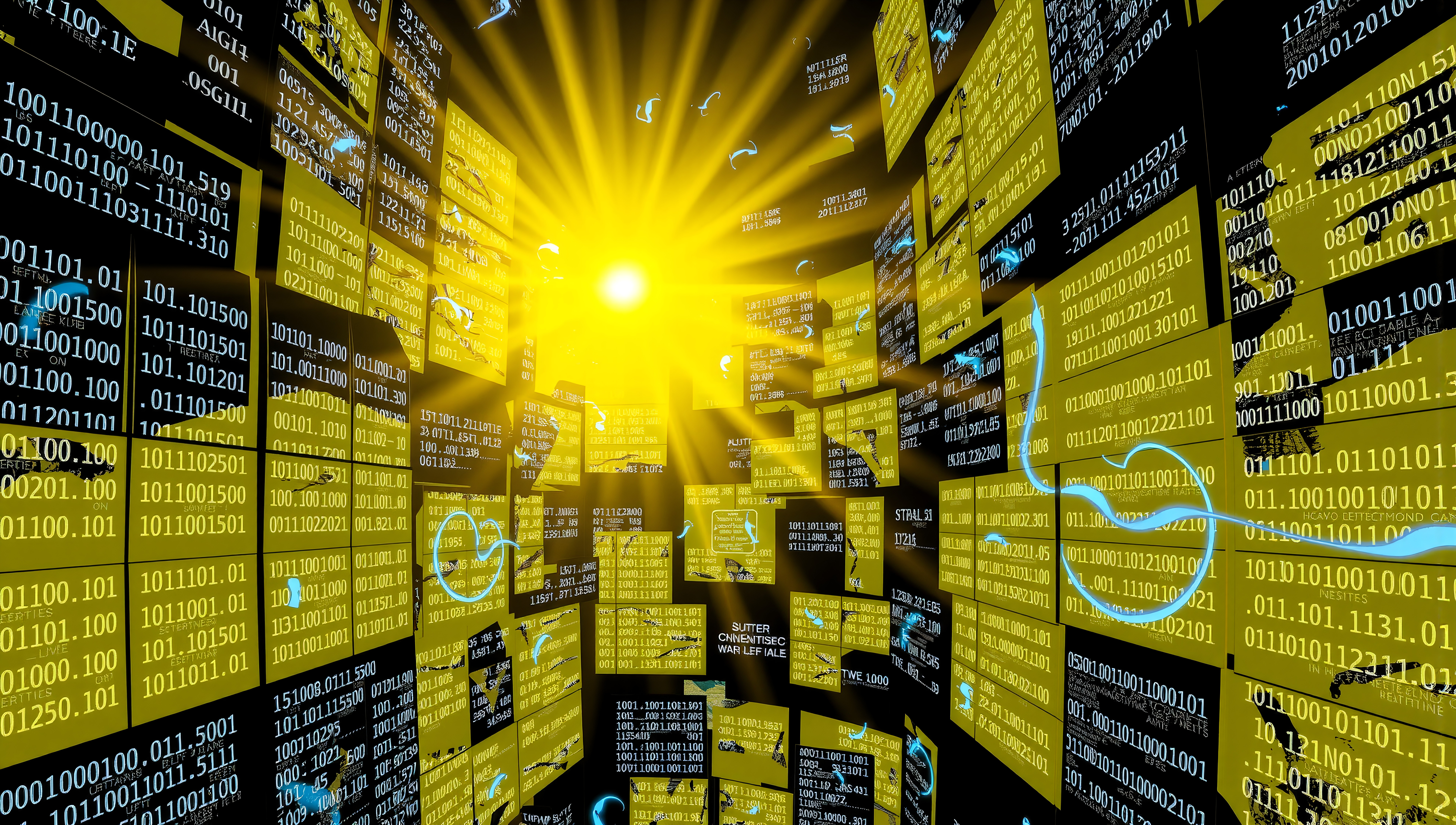A digital grid with glowing binary codes and a central bright sun, symbolizing technology and connectivity.
