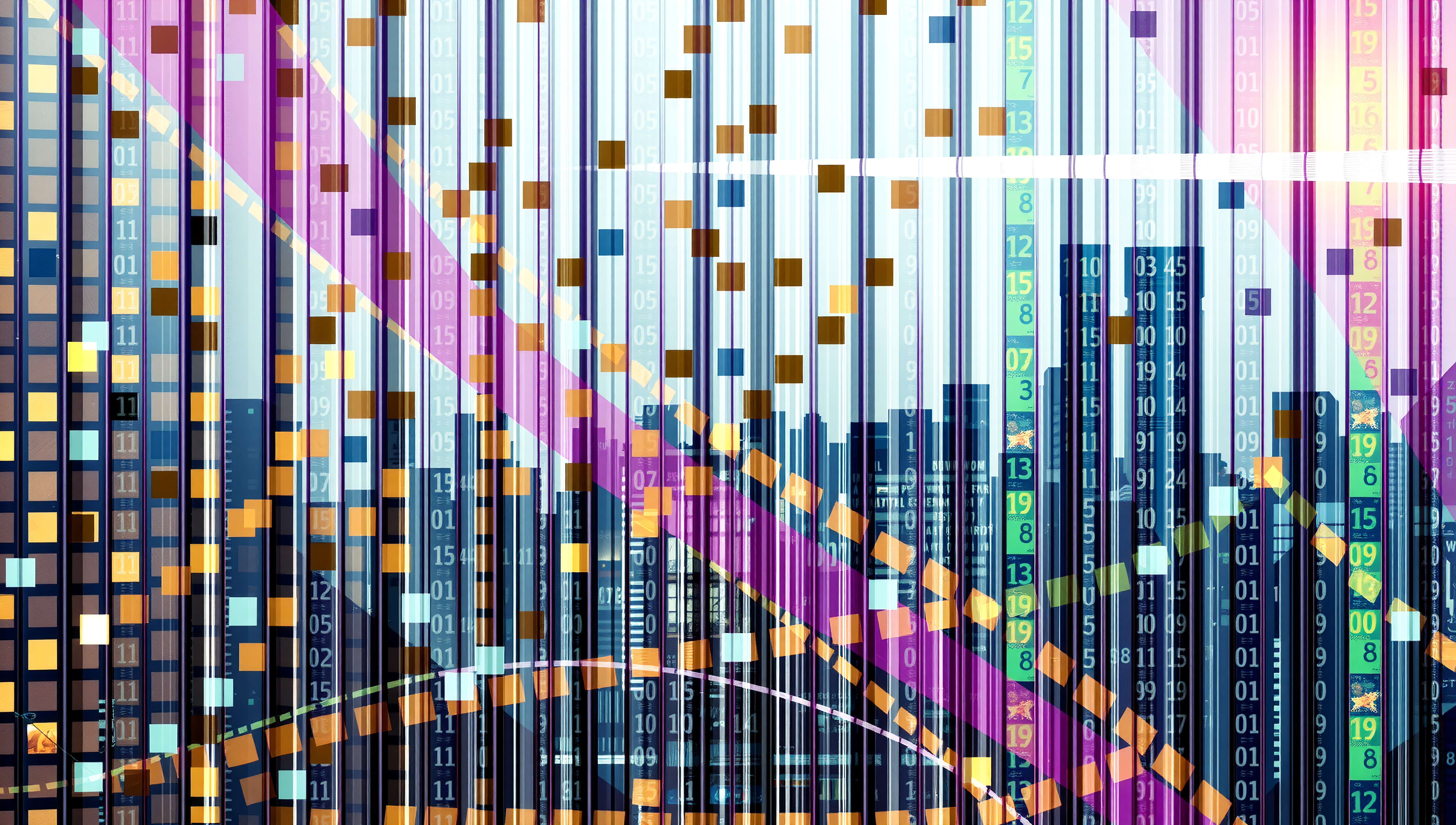 Abstract digital art with colorful vertical lines, numbers, and urban skyline silhouettes, symbolizing technology and data flow.