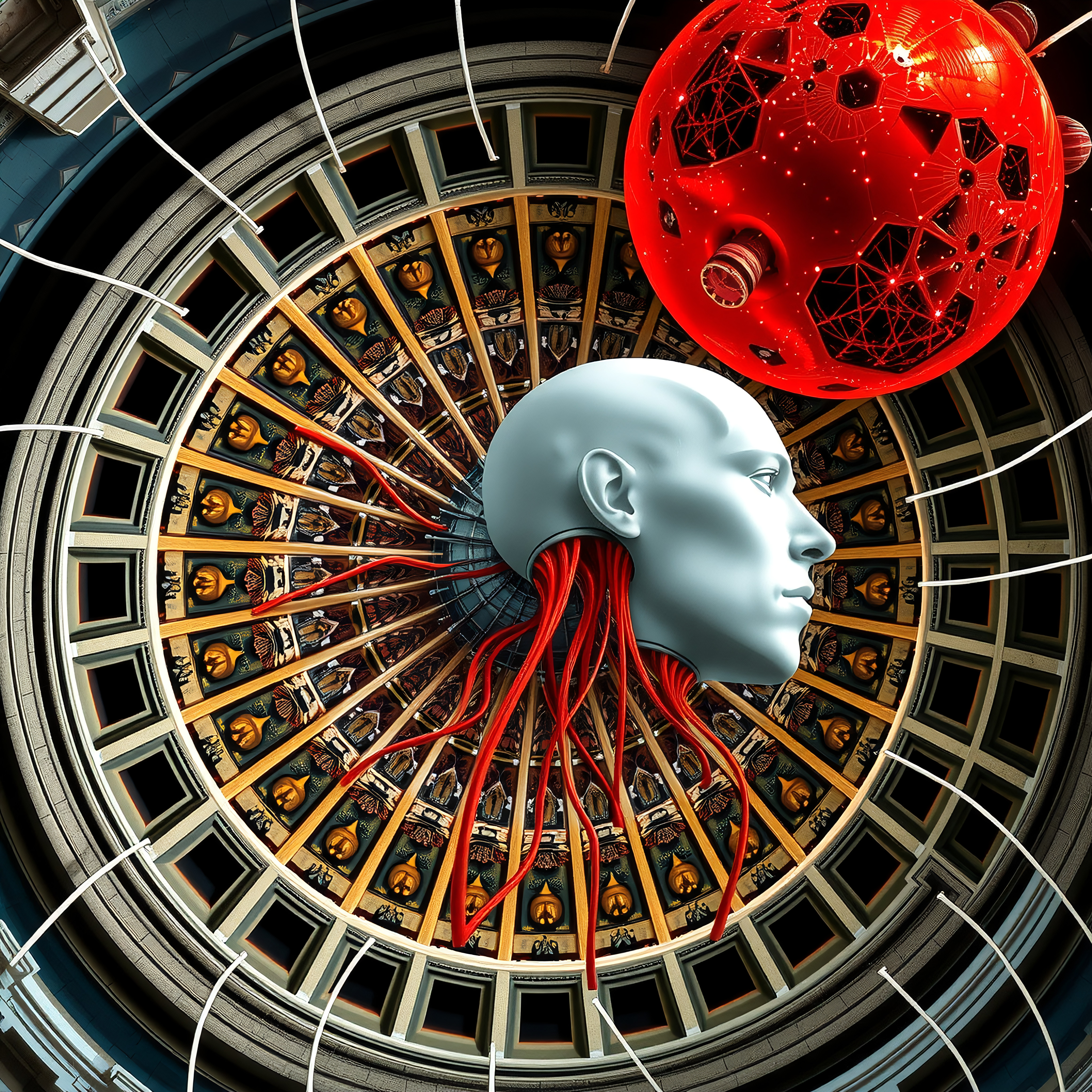 A futuristic human figure with red tendrils inside an ornate circular dome.
