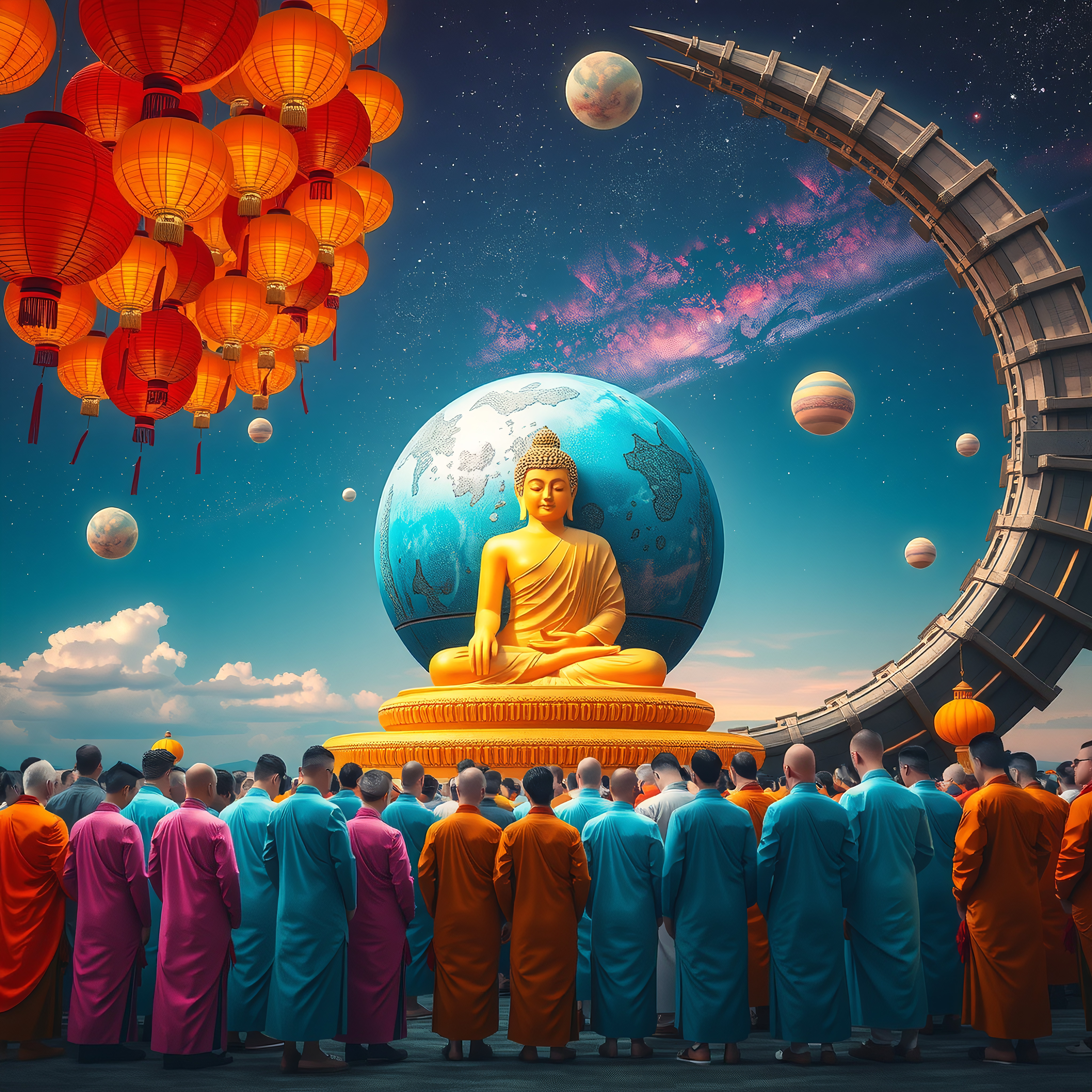 A serene cosmic illustration showcasing a golden Buddha surrounded by celestial bodies, lanterns, and meditating individuals in colorful robes.
