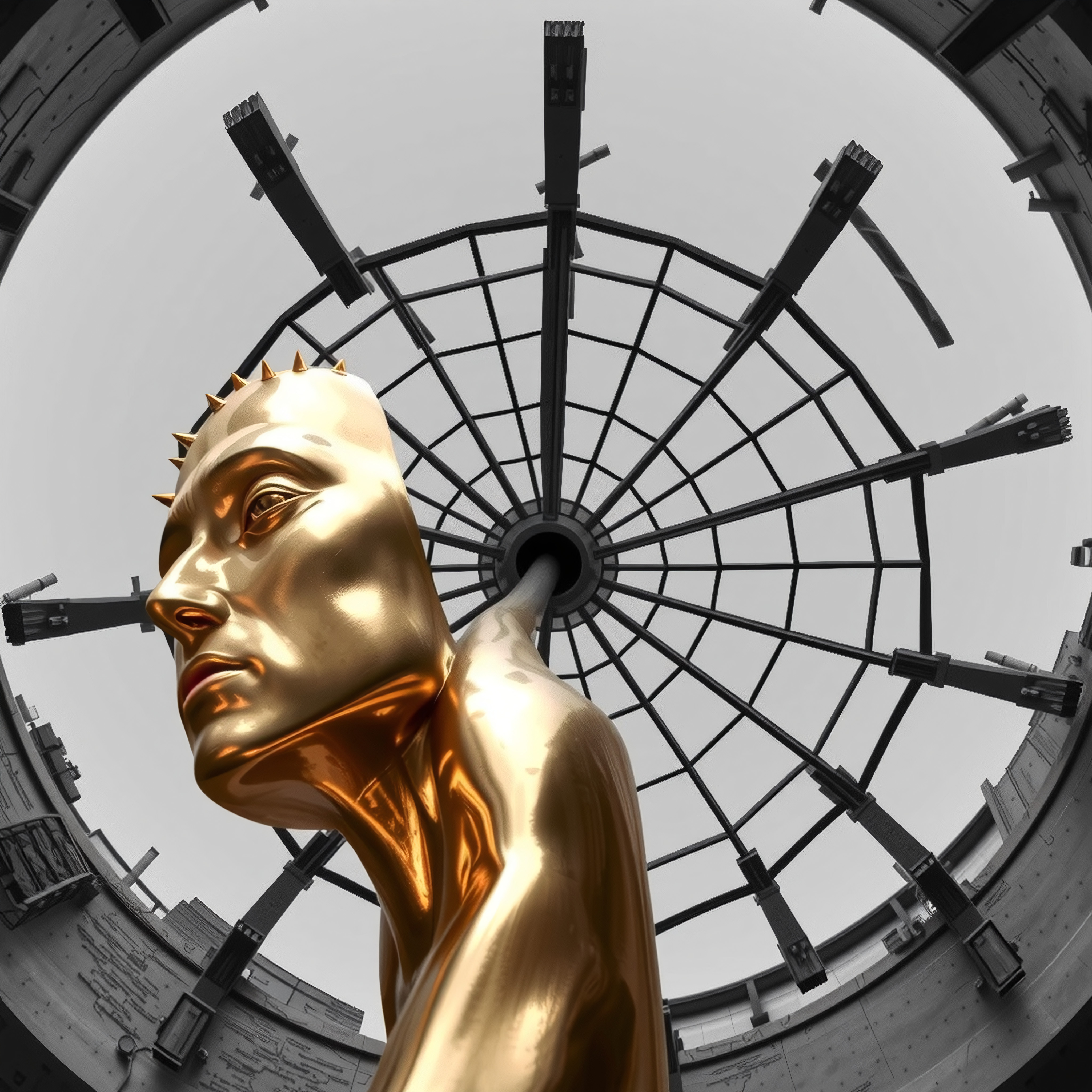 Golden statue under intricate dome structure.