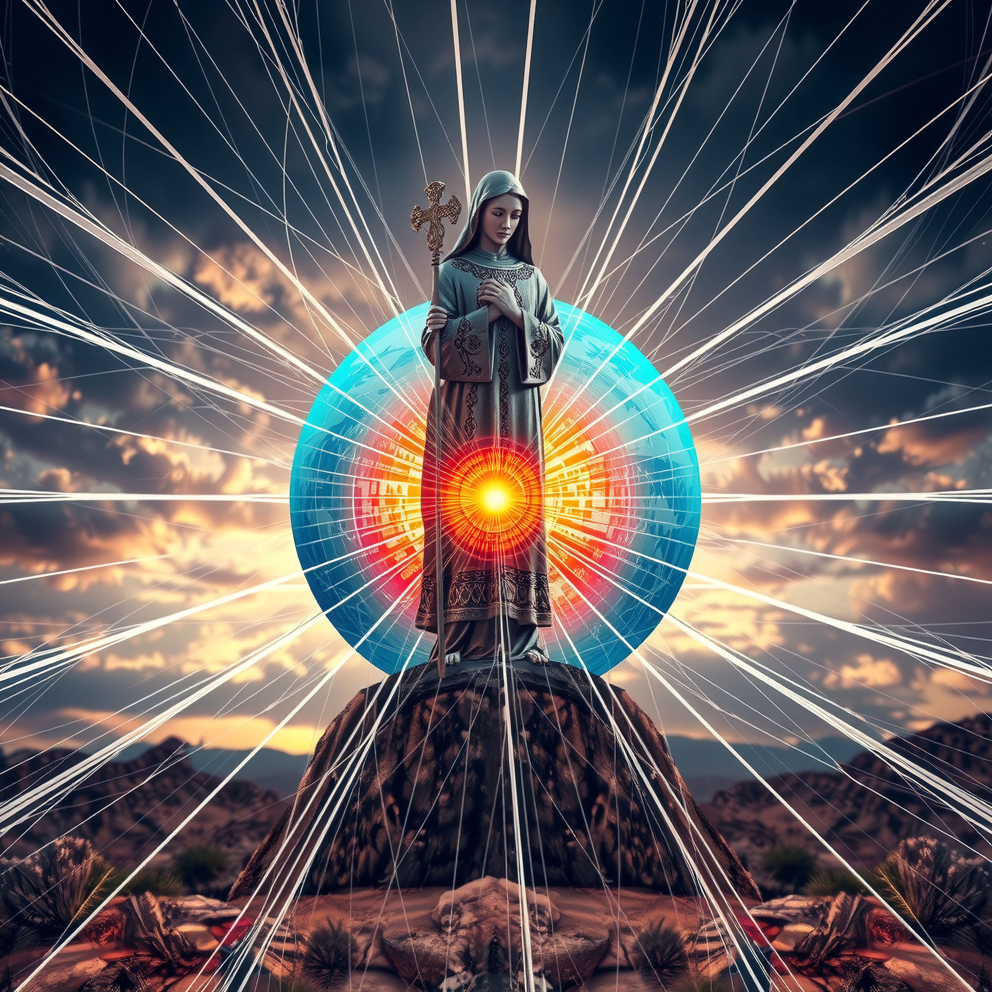 A figure in a patterned robe stands amidst radiant, colorful beams against a sunset sky, creating a mystical atmosphere.