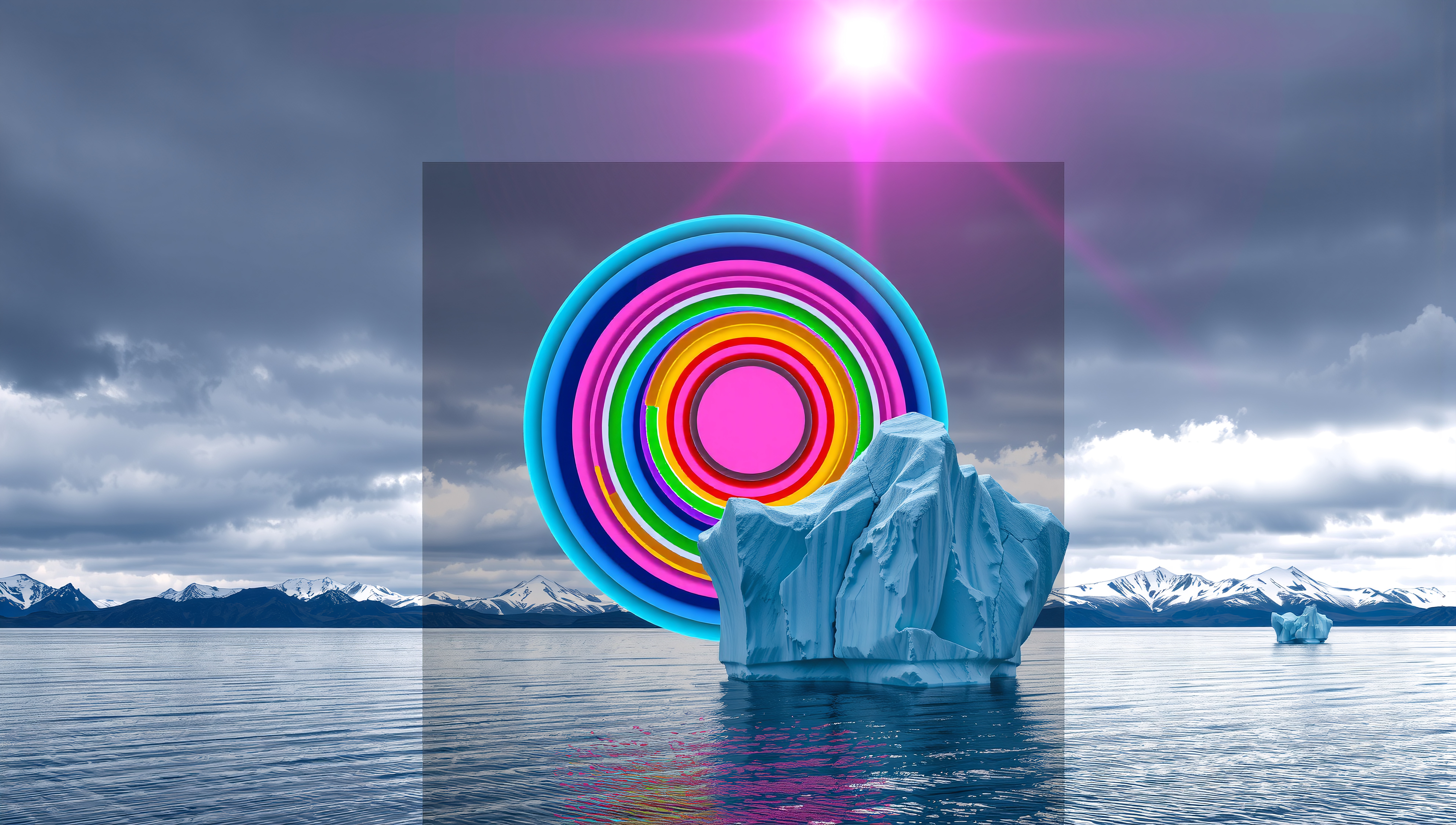 A vibrant digital art composition featuring a large iceberg and colorful concentric circles under an overcast sky.