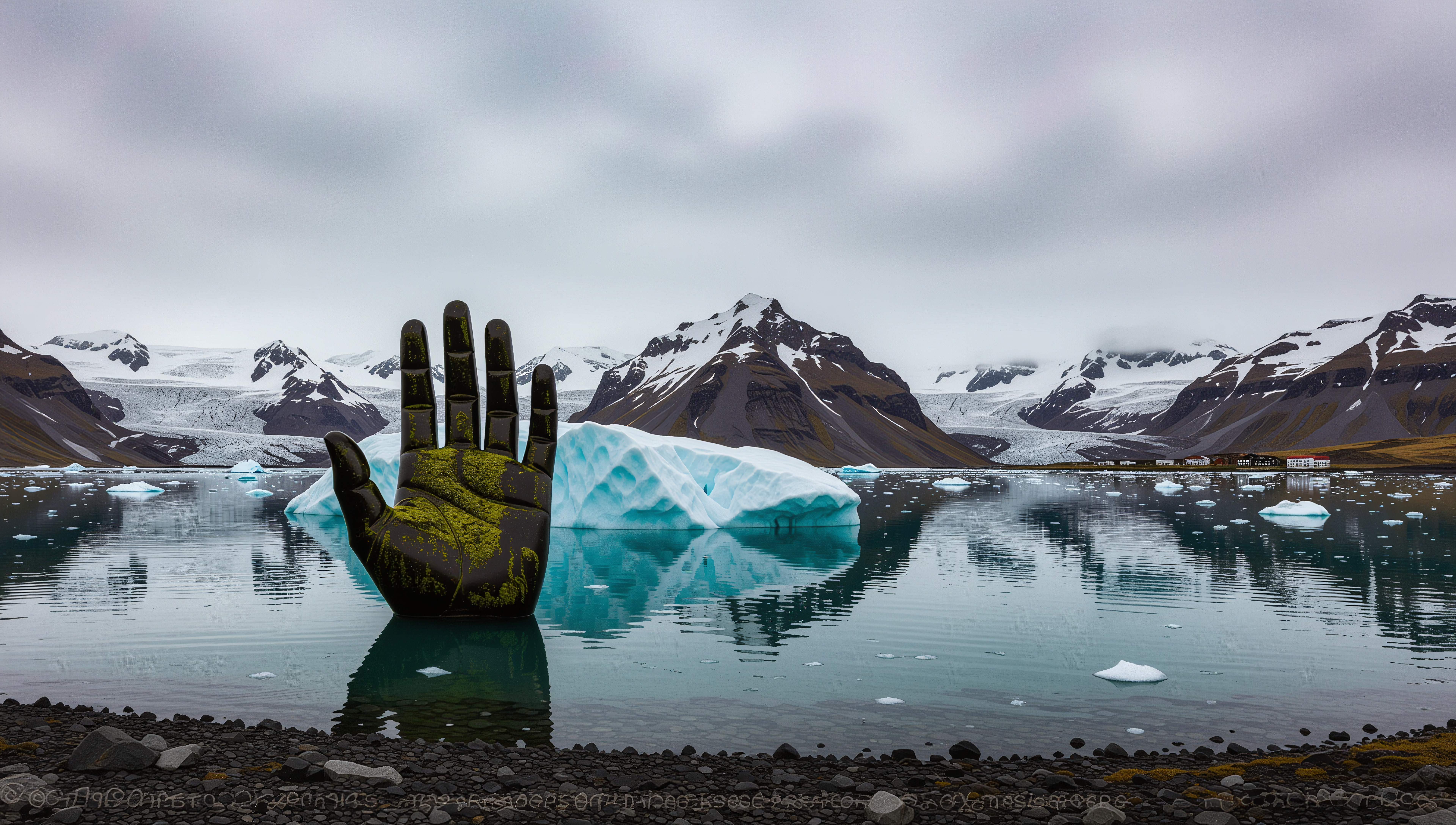 A giant sculpted hand rises from icy water surrounded by snow-capped mountains and icebergs.