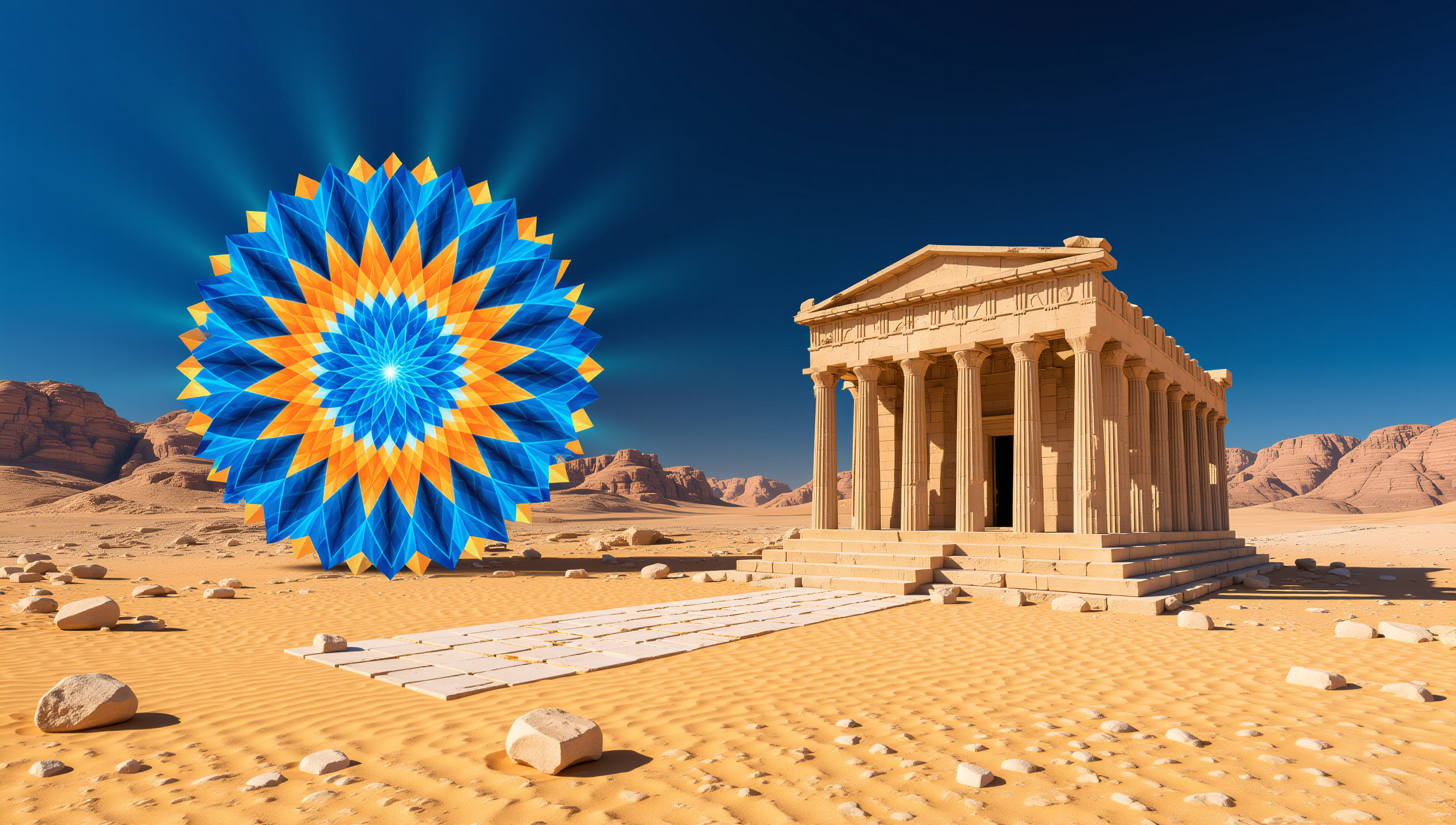 A Greek temple in the desert with vibrant geometric art.