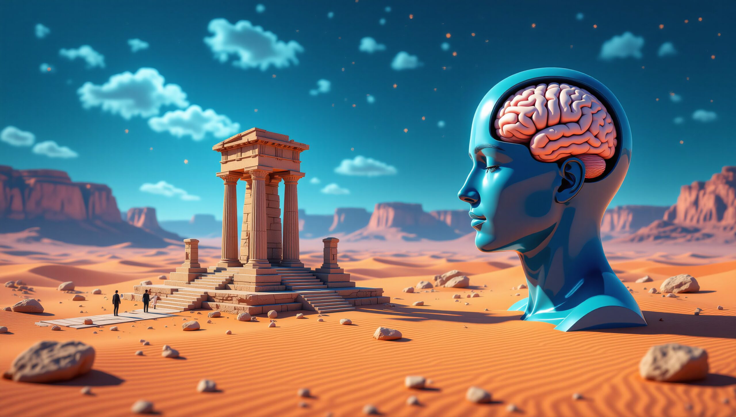 A surreal desert scene featuring a giant blue head with a visible brain, beside a classical temple under a vibrant sky.