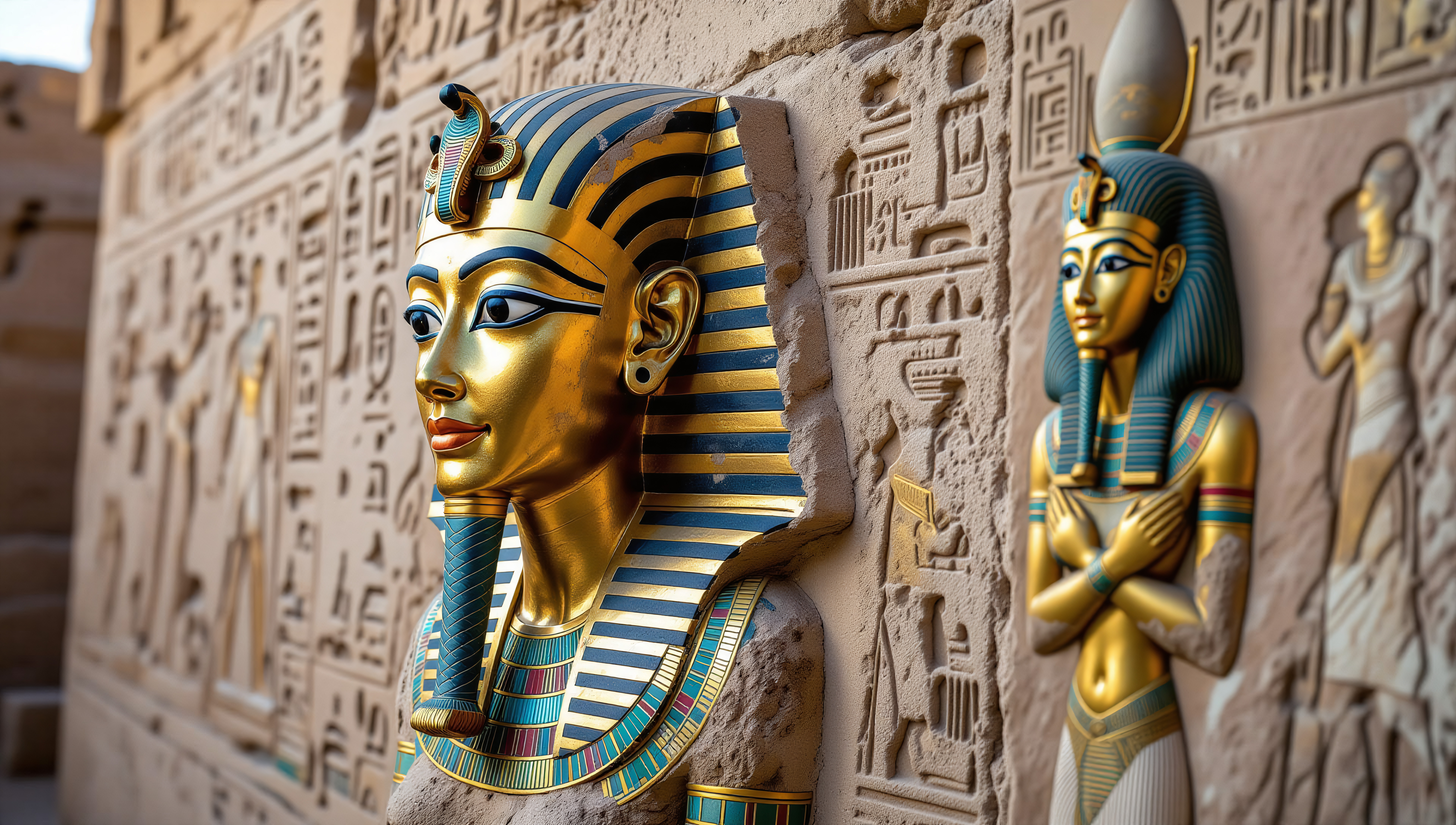 Ancient Egyptian pharaoh and hieroglyphic wall imagery.