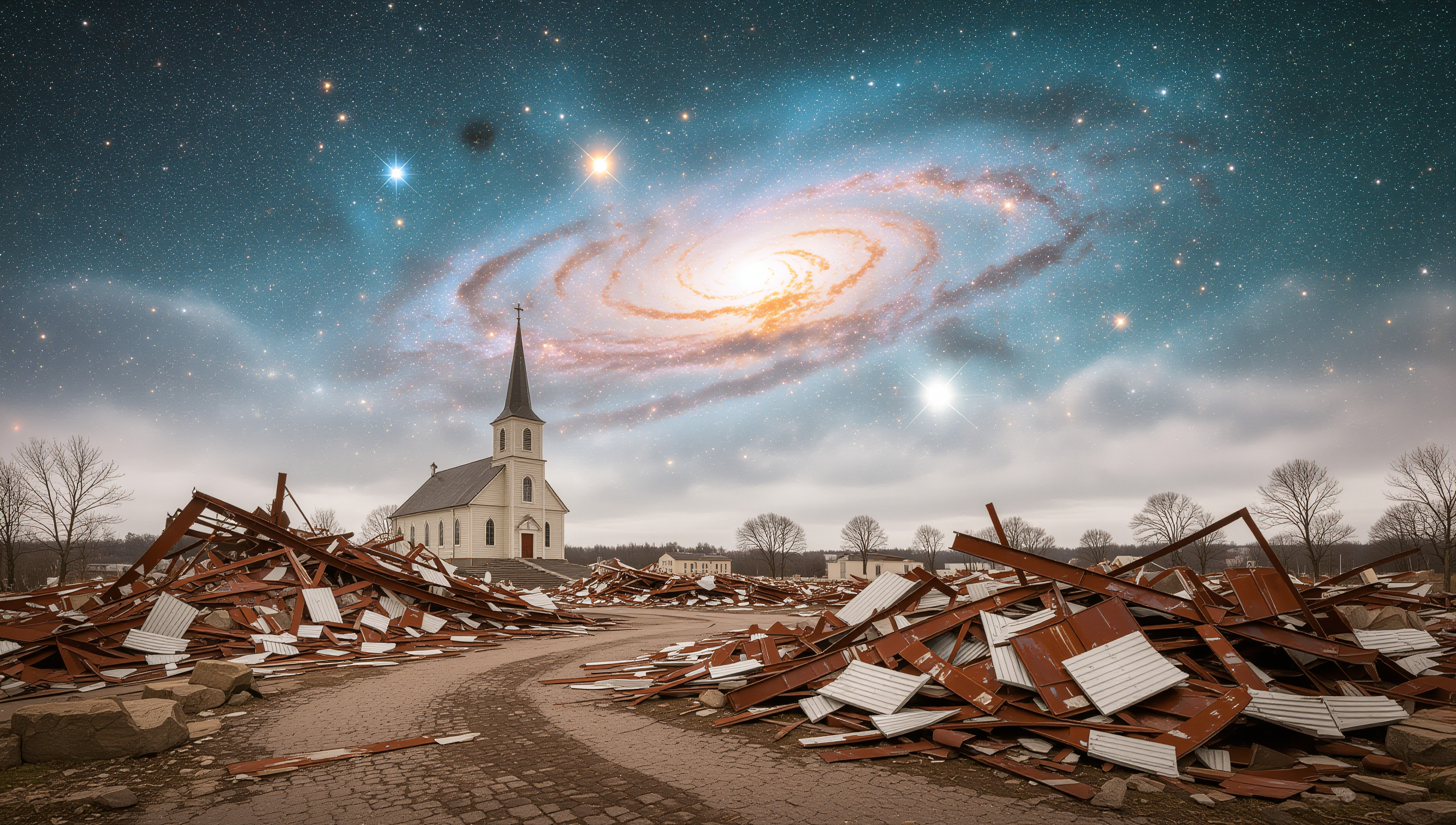 Surreal scene of a church with galaxy.