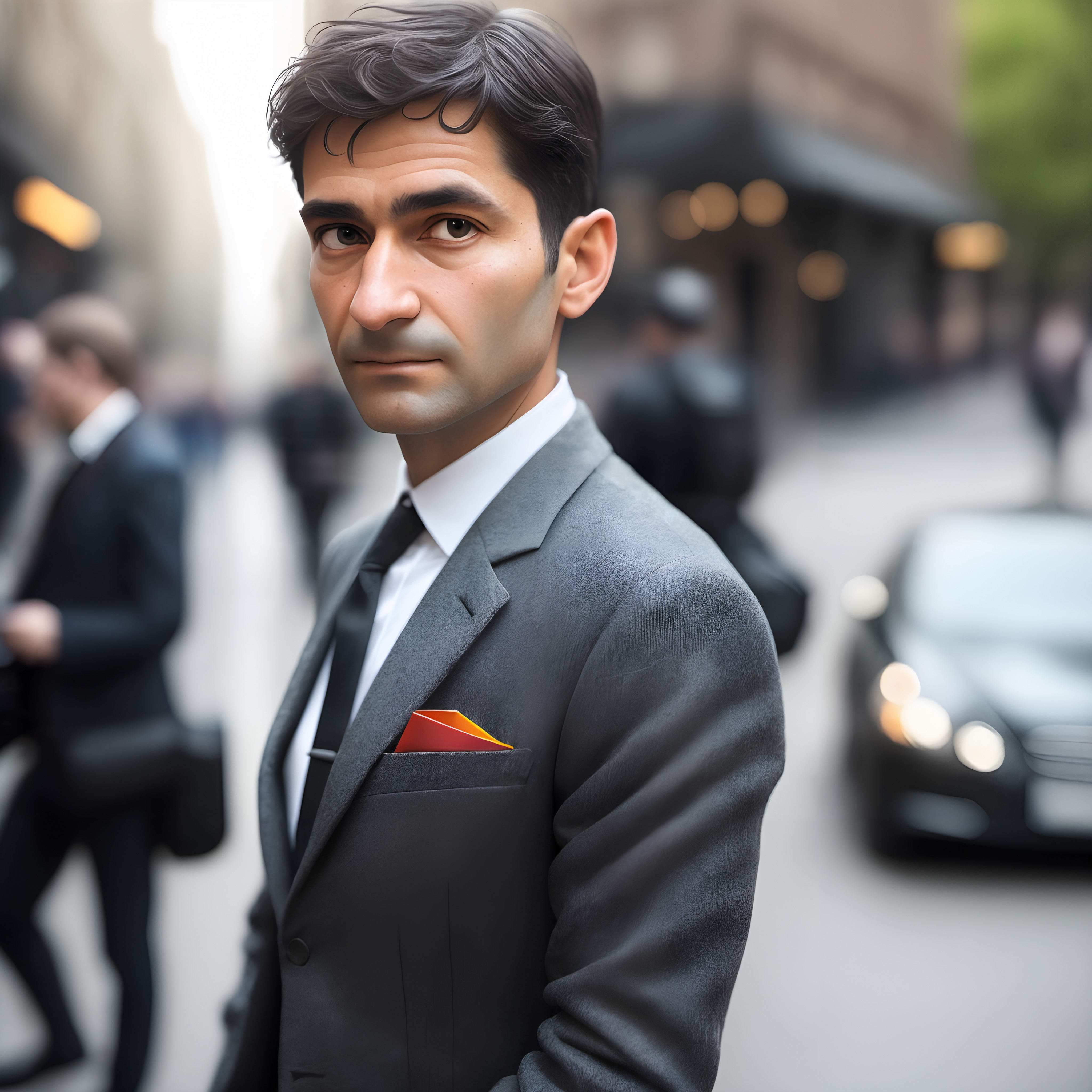 A man in a gray suit stands on a bustling city street with a serious expression.