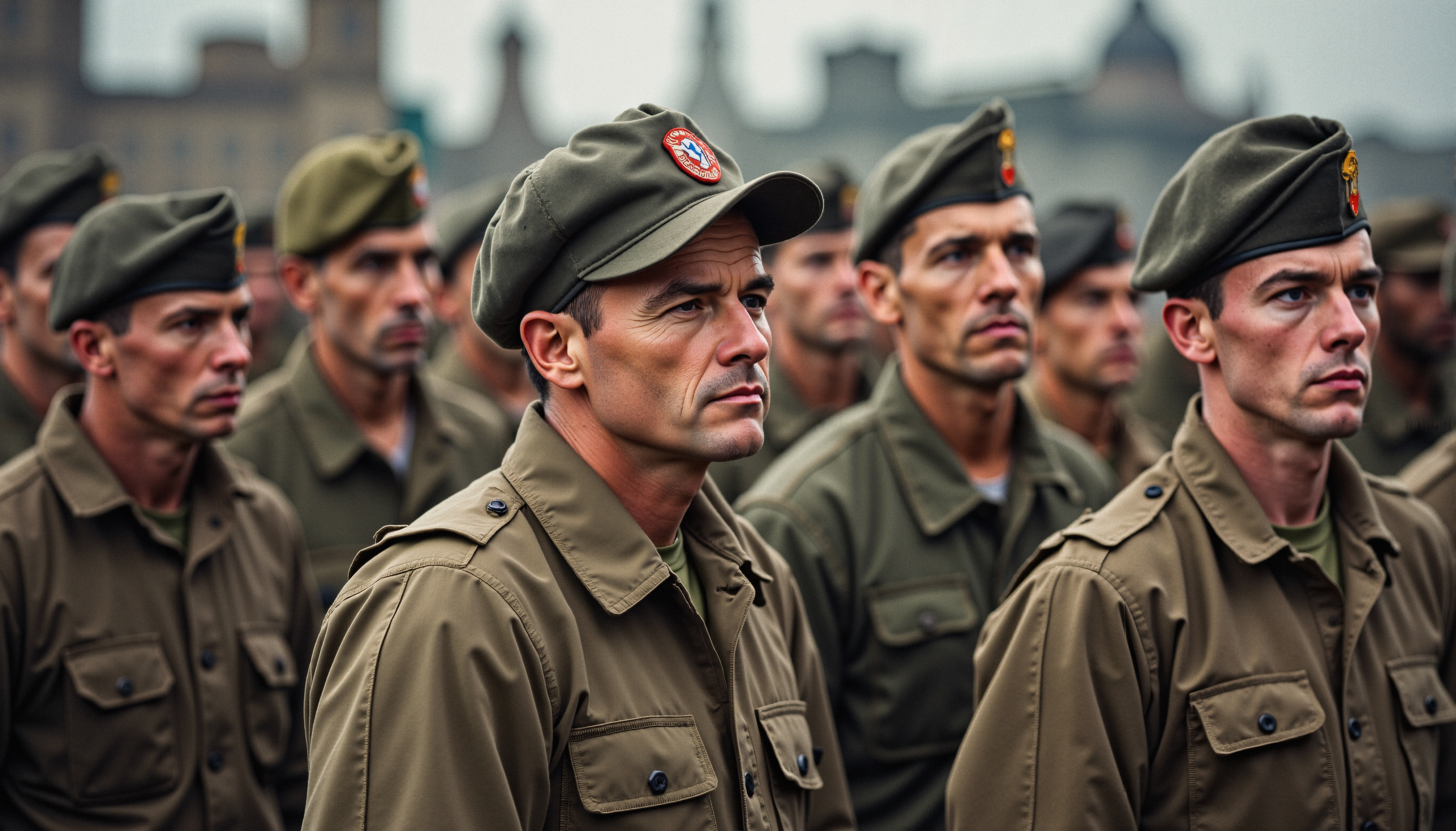 A group of soldiers stands in formation, showcasing discipline and unity in their military uniforms.